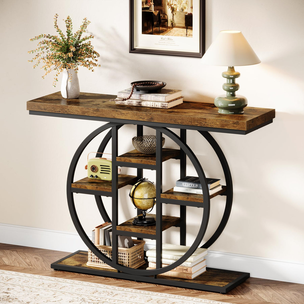 Celaform 41" Console Table, 4-Tier Entryway Table with Circle Base, Industrial Narrow Wood Sofa Accent Tables with Storage Shelves for Living Room, Hallway, Foyer, Rustic Brown Celaform