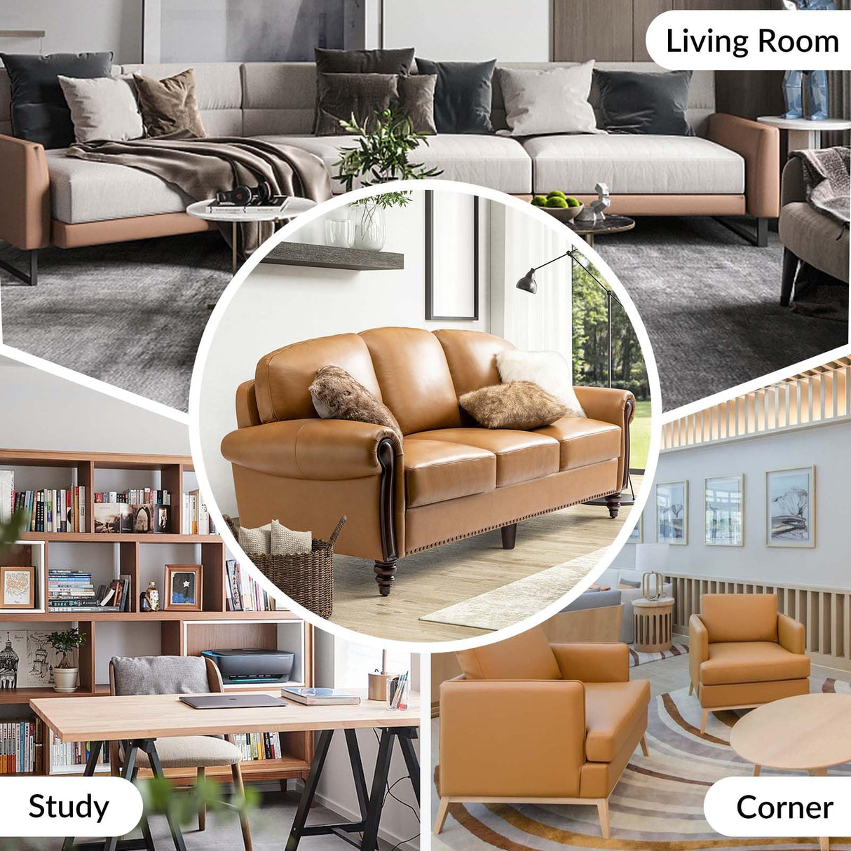 HULALA HOME Genuine Leather Sofa 3-Seater Couch Traditional Living Room Sofa with Carved Solid Wood Legs, Camel HULALA HOME