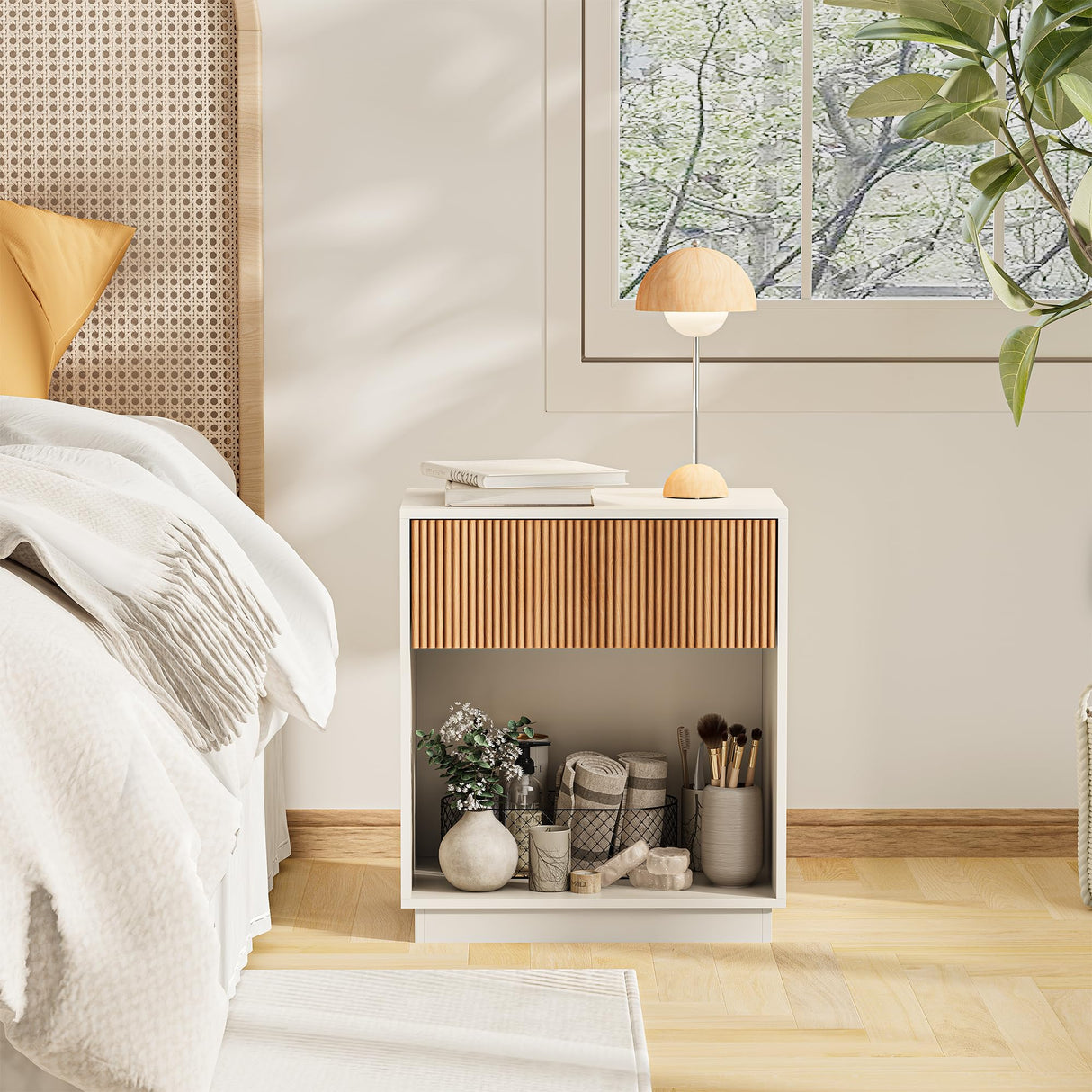 Fluted Nightstands Set of 2, Modern Bedside Table with Drawer and Storage Shelf, Wood End Table Mid Century Night Stands for Bedroom Living Room Sofa Couch Office (White+Oak) INNOD