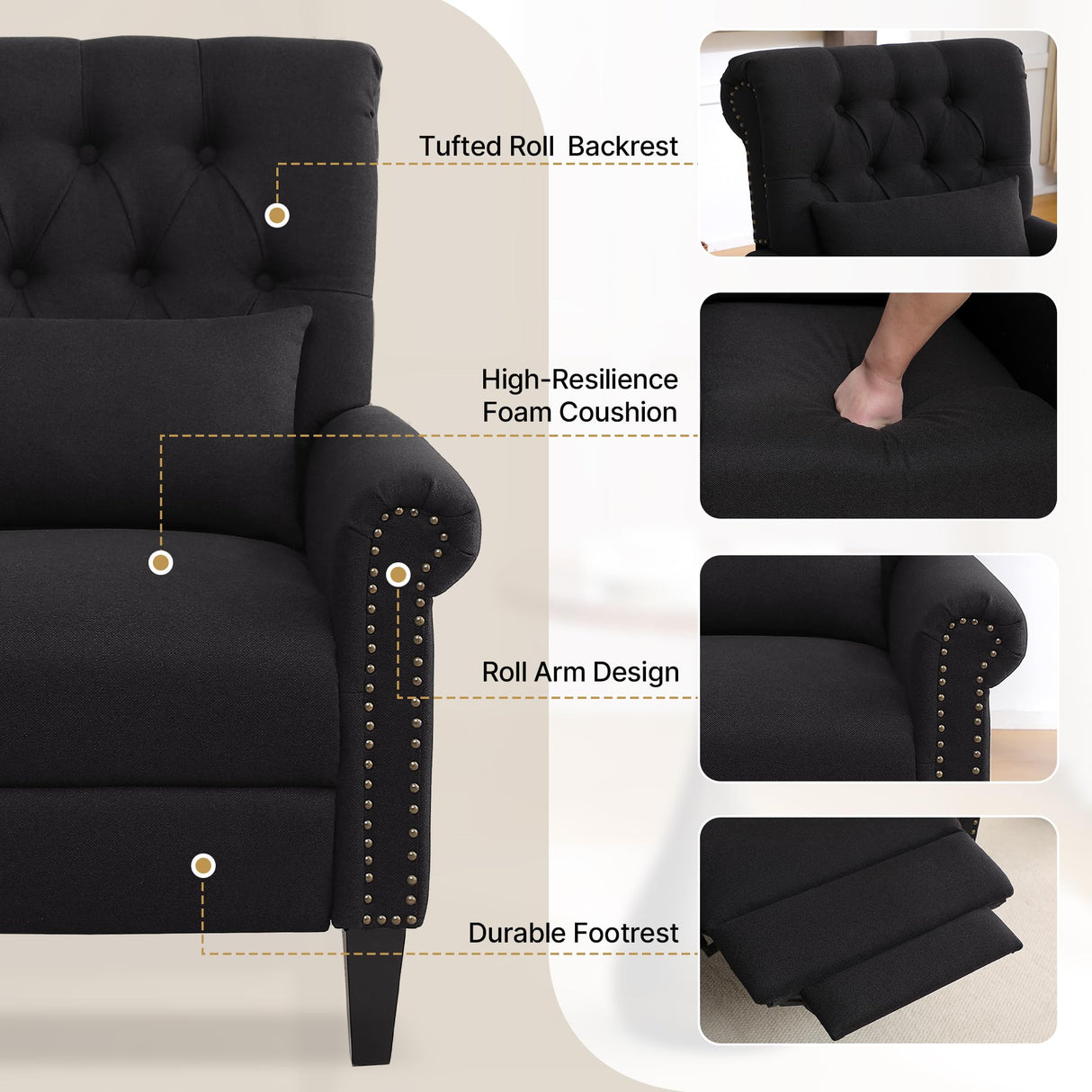 choairy Pushback Recliner Chair, Accent Push Back Chair Set of 2 with Adjustable Footrest Wingback, Upholstered Linen Reclining Sofa with Side Pocket, Comfy Modern Armchair for Living Room, Black choairy