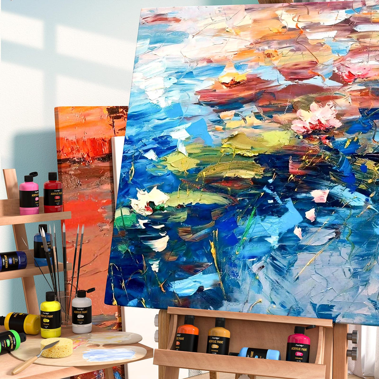 24 Colors Acrylic Paint Set 250 ml(8.45 oz) Large Bottles (Including Metallic Gold and Silver),Non Toxic Acrylic Paint Professional Craft Paint Kit High Viscosity No Fading Rich Pigment for Kids Adults Artists Canvas Crafts Wood Painting Supplies JusArt