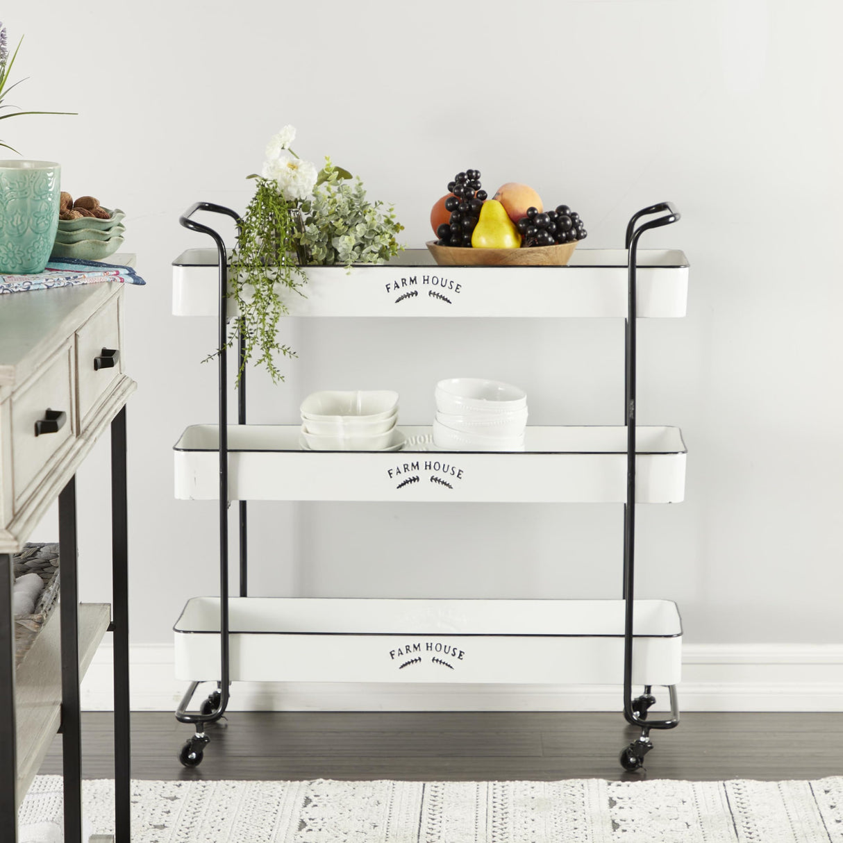 Deco 79 Metal Kitchen Rolling 3 Shelves Storage Cart with Black Accents and Farm House Design, 32" x 12" x 35", White Deco 79