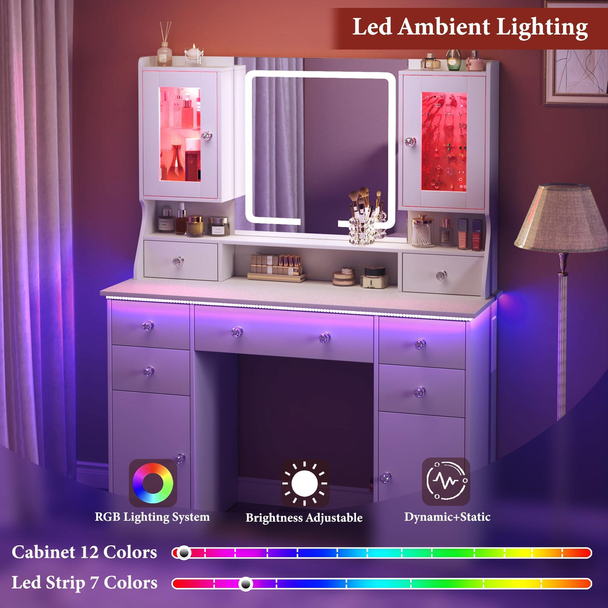 LIMGLIM Vanity Desk with Led Mirror and RGB Lights, 42" Makeup Vanity Desk with Power Outlet, 3 Colors Lighting Adjustable Brightness, 7 Drawers & 2 Large Cabinets, 2 RGB Cabinets for Bedroom, White LIMGLIM