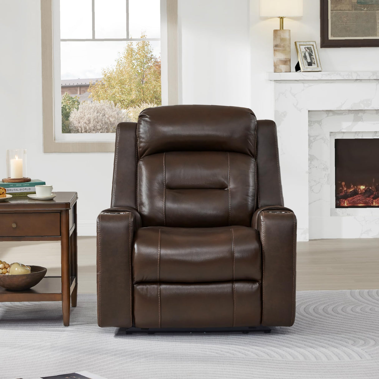 Watson & Whitely Genuine Leather Power Recliner Chairs for Adults, Lay Flat Recliner with Power Headrest, USB Ports and Cup Holders, Electric Reclining Sofa for Living Room, Bedroom, Dark Brown Watson & Whitely