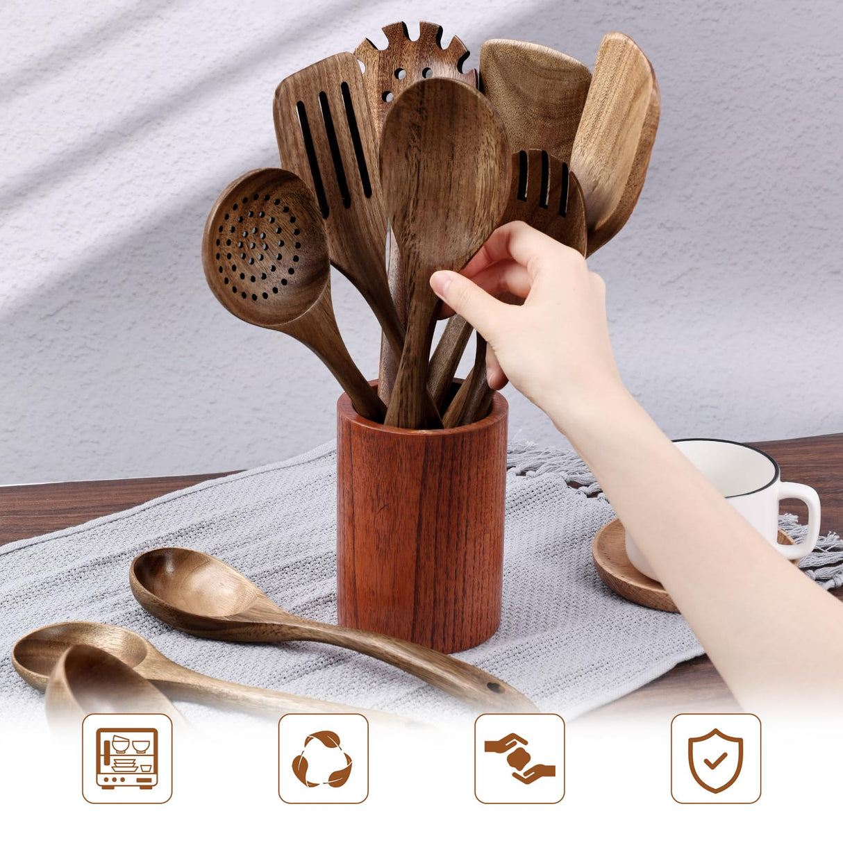 HAKSEN 10PCS Wooden Cooking Utensils, Natural Acacia Wood Kitchen Utensils Wooden Spatulas for Serving Stirring Cooking Mixing HAKSEN