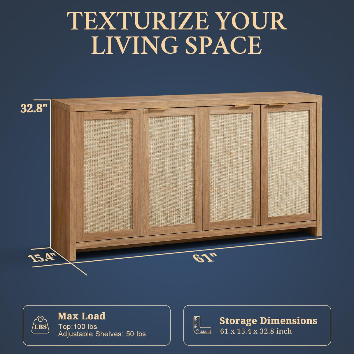 OAKHAM HOME Hampstead Rattan 4-Door Storage Sideboard Cabinets with Adjustable Shelves, Boho Accent Buffet Cupboard Console for Kitchen, Living Room, and Hallway OAKHAM HOME