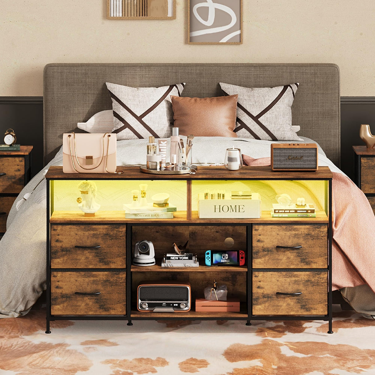 WLIVE TV Stand Dresser for 50,55,60 inch TV, Entertainment Center with LED Lights & Fabric Drawers, Dresser TV Stand for Bedroom and Living Room with Open Shelves, Rustic Brown WLIVE