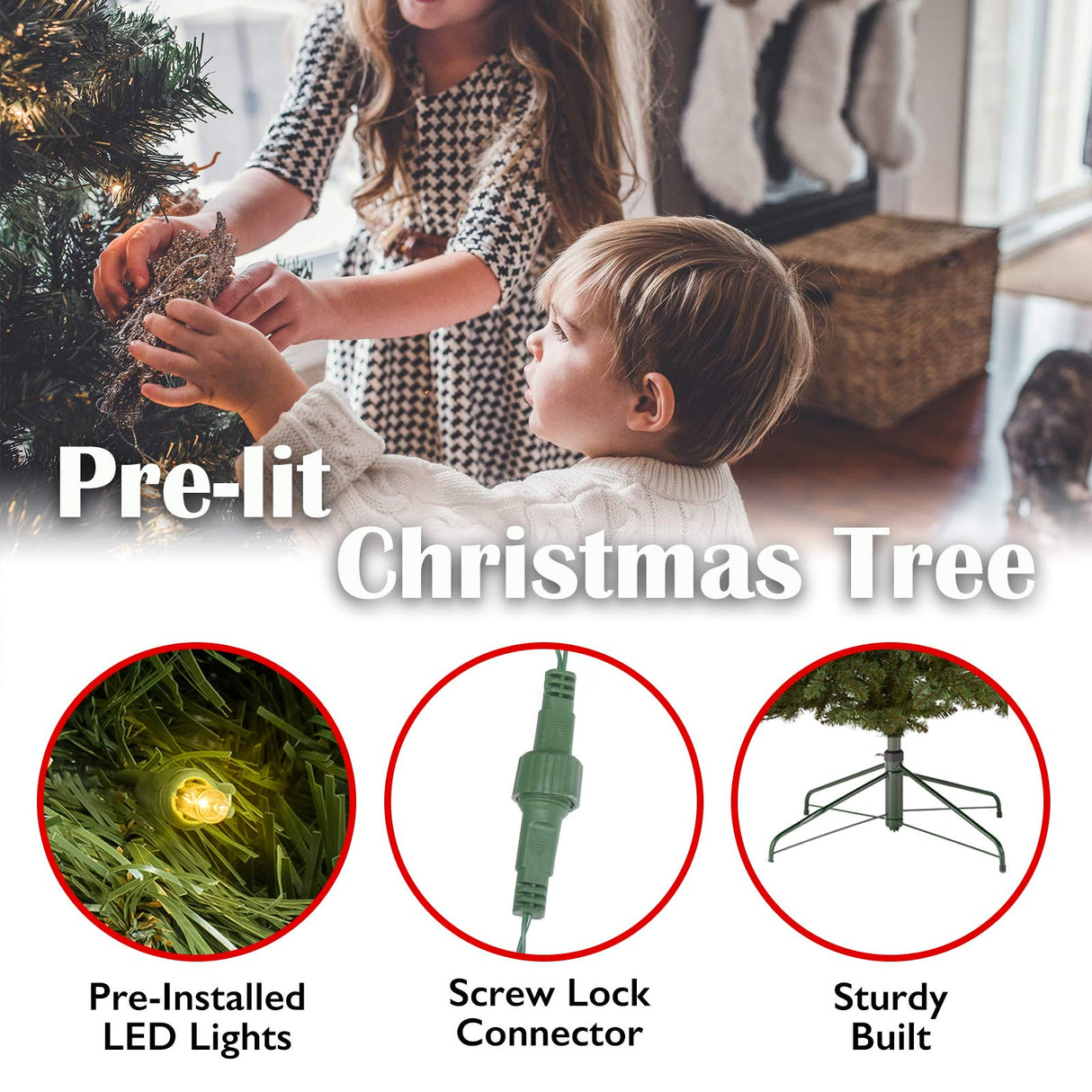 Homelogik 8 Ft Christmas Tree Premium Hinged Pre-lit Artificial w 750 Warm White Light, Easy Assembly Included Metal Foldable Stand New (Warm Light) Homelogik