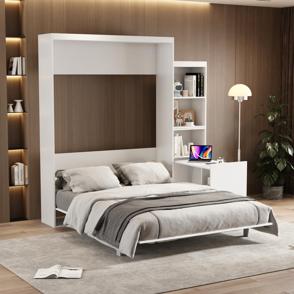 Queen Size Murphy Bed, Vertical Wall Bed with Fold-Out Desk and Storage Shelf, Morden Design Hidden Bed Frame Gas Struts, Space Saving(Not Including Mattress) Gahowlen