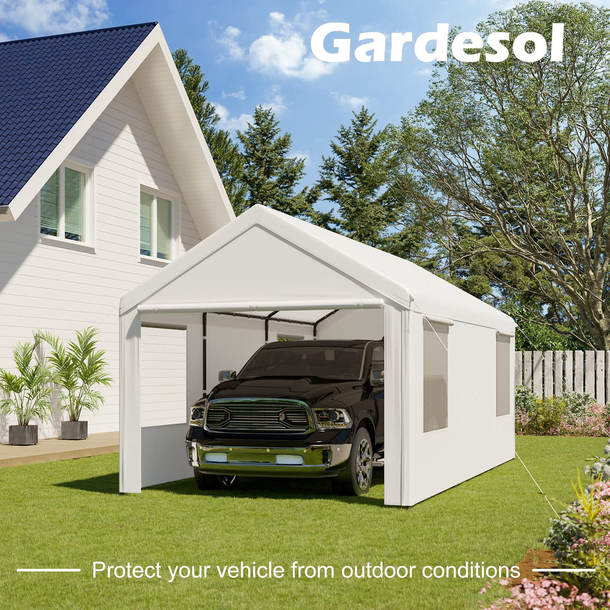 Gardesol Carport, 10' x 20' Heavy Duty Carport with Roll-up Ventilated Windows, Portable Garage with Removable Sidewalls & Doors for Car, Truck, Boat, Car Canopy with All-Season Tarp, White Gardesol