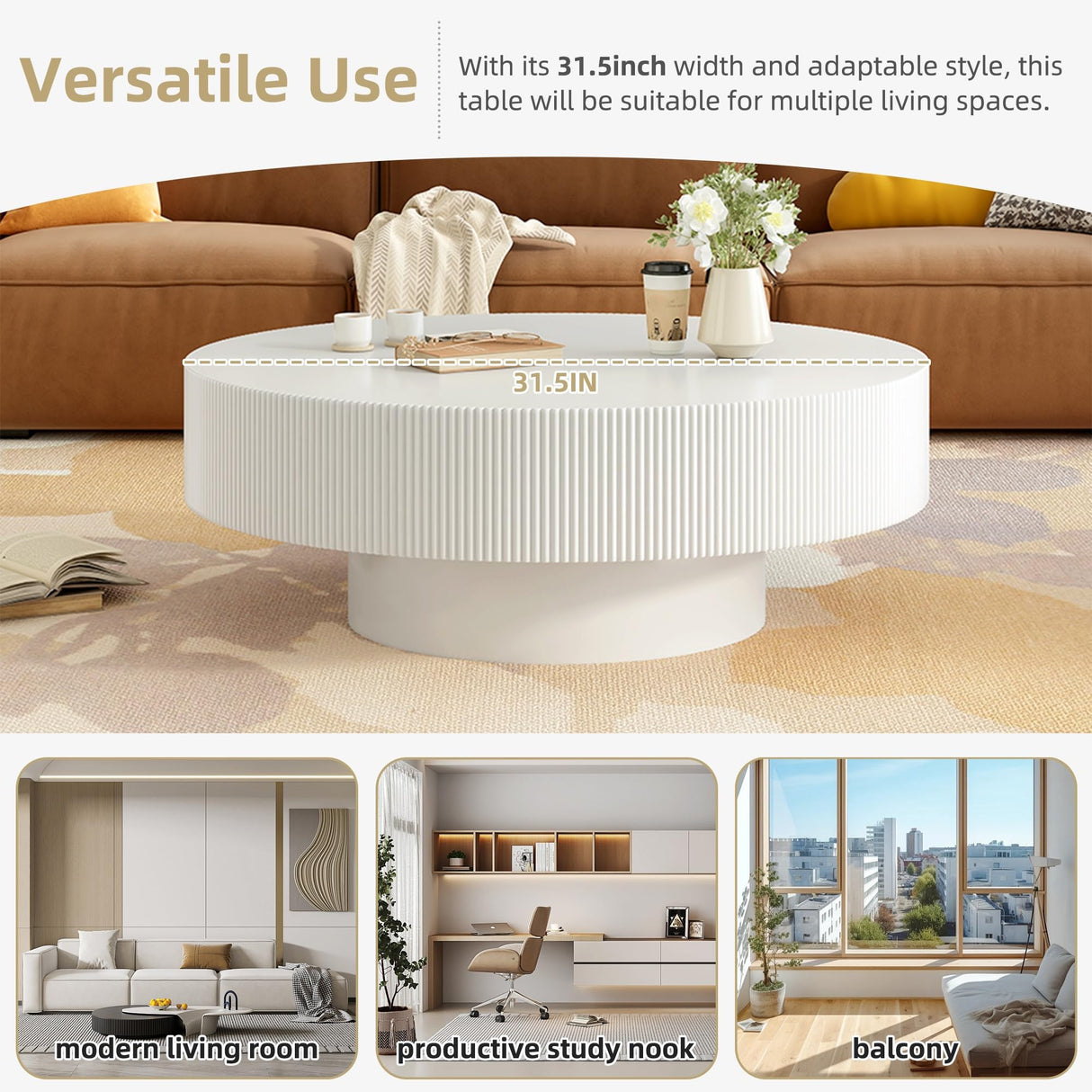 Merax Modern Round Coffee Table with Sturdy Base, Wood Sofa Center Tables for Living Room, Reception Room, Easy Assemble, White Merax