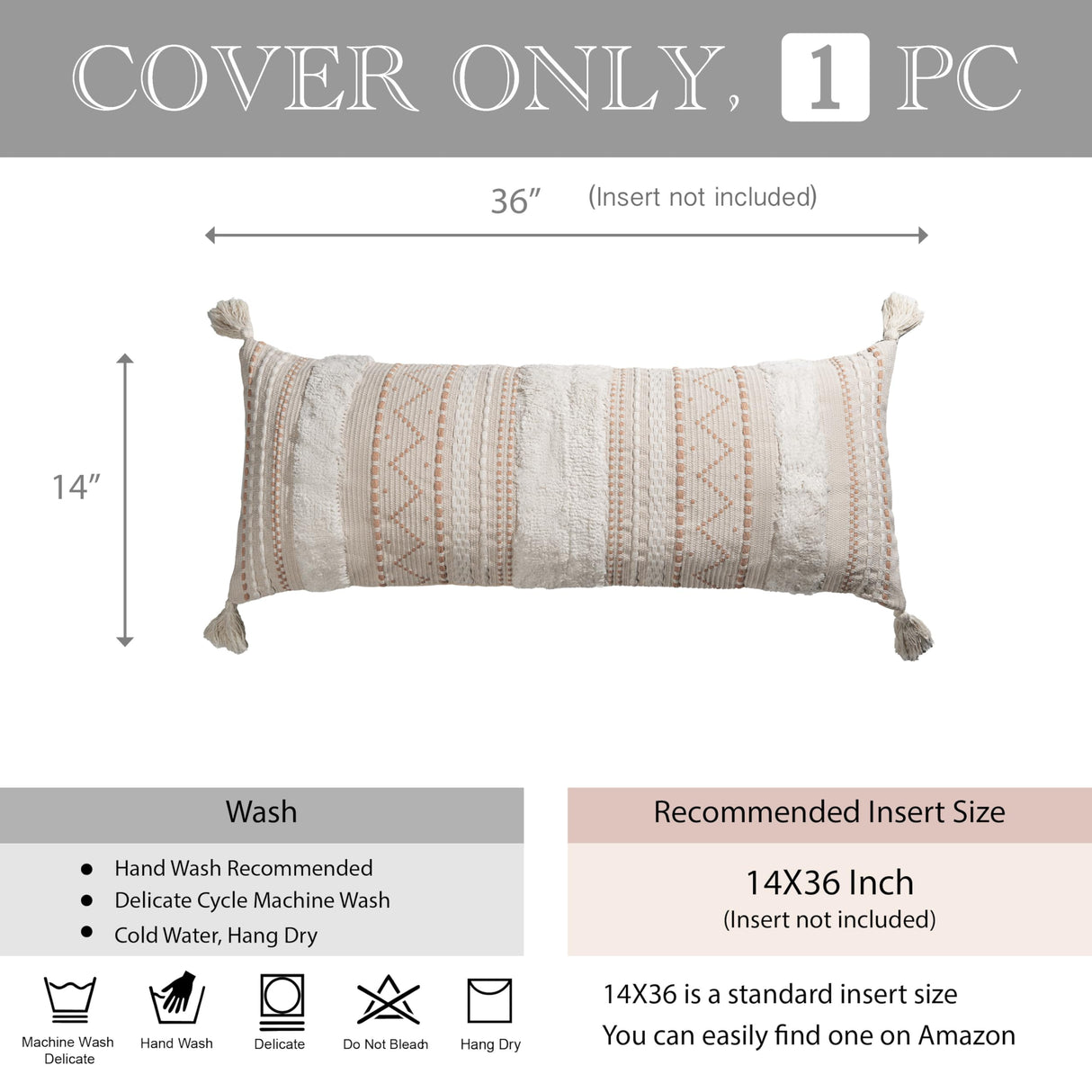 BlissBlush Cream Decorative Lumbar Throw Pillow Cover 14x36 Boho Long Cushion for Bed Neutral Accent Farmhouse Pillowcase for Bedroom Living Room Couch Sofa Home Décor (Cover ONLY, Pack of 1) BlissBlush