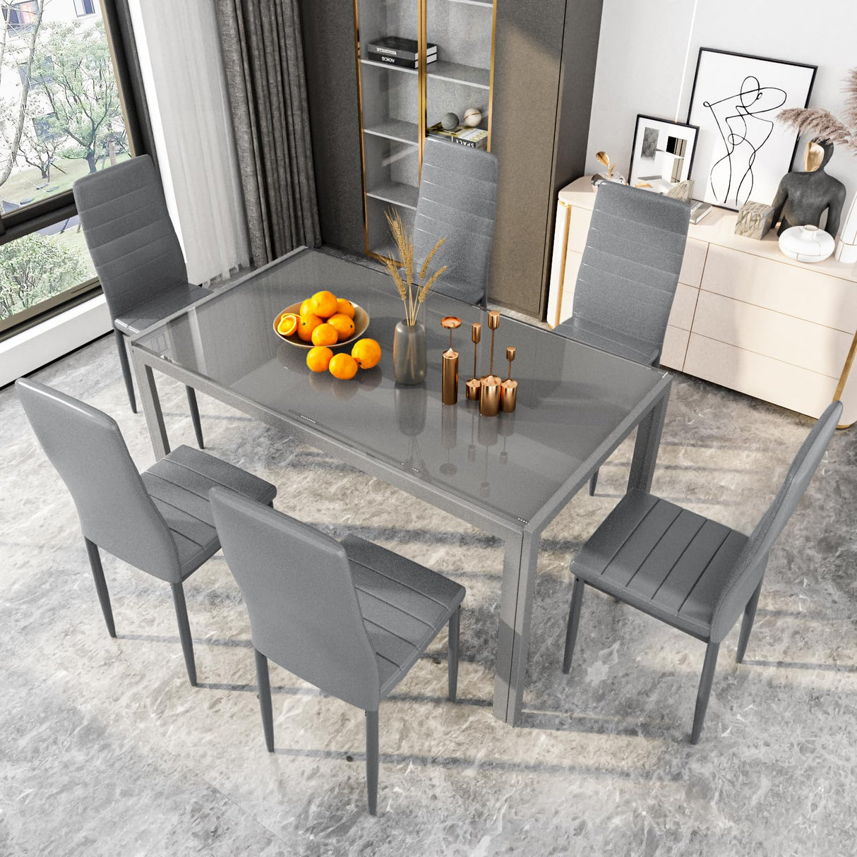 DKLGG 7-Piece Dining Table Set for 6, Tempered Glass Kitchen Table with PU Leather Chairs, Modern Dining Room Table Set for Small Space, Dinette, Apartment, Grey DKLGG