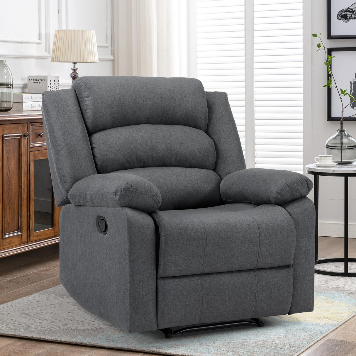 ANJ Fabric Recliner Chair with Overstuffed Arms and Back, Comfy Grey Manual Recliner for Adults, Living Room Single Sofa ANJ