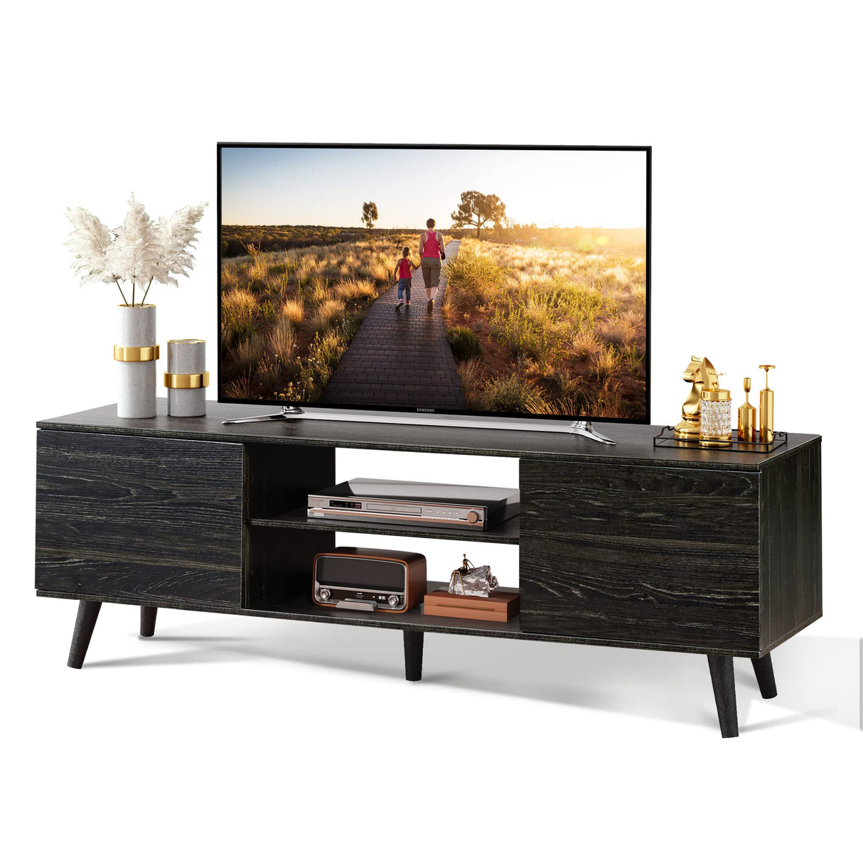 WLIVE TV Stand for 55 60 inch TV, Modern Entertainment Center with Storage Cabinets, Mid Century TV Console Table for Bedroom, TV Stand for Living Room, Charcoal Black WLIVE