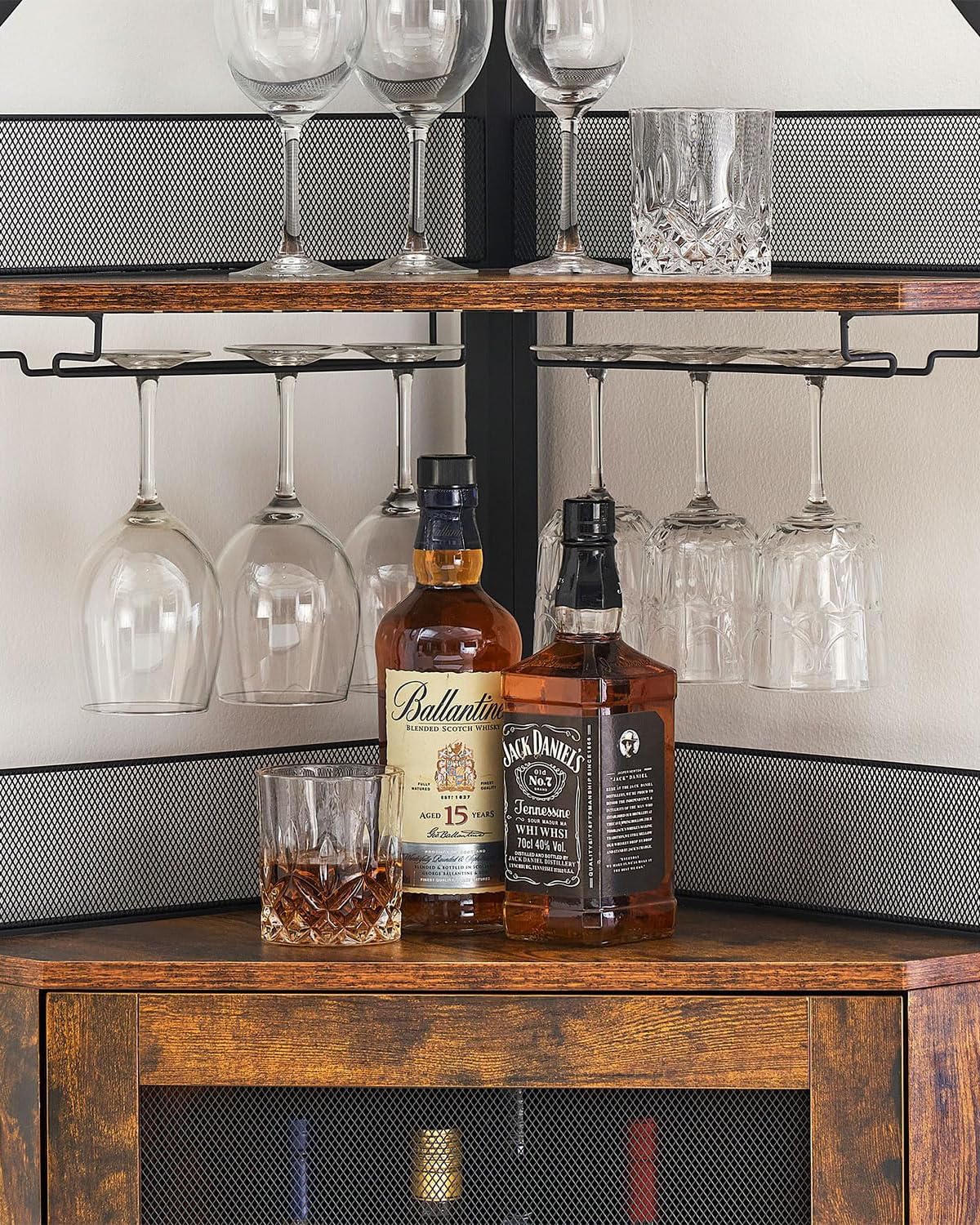 Tioutbot Corner Bar Cabinet with LED Light, Wine Bar Cabinet and Glass Holder, 5-Tiers Storage Space, Industrial Wine Rack for Small Space, Dining Room Tioutbot