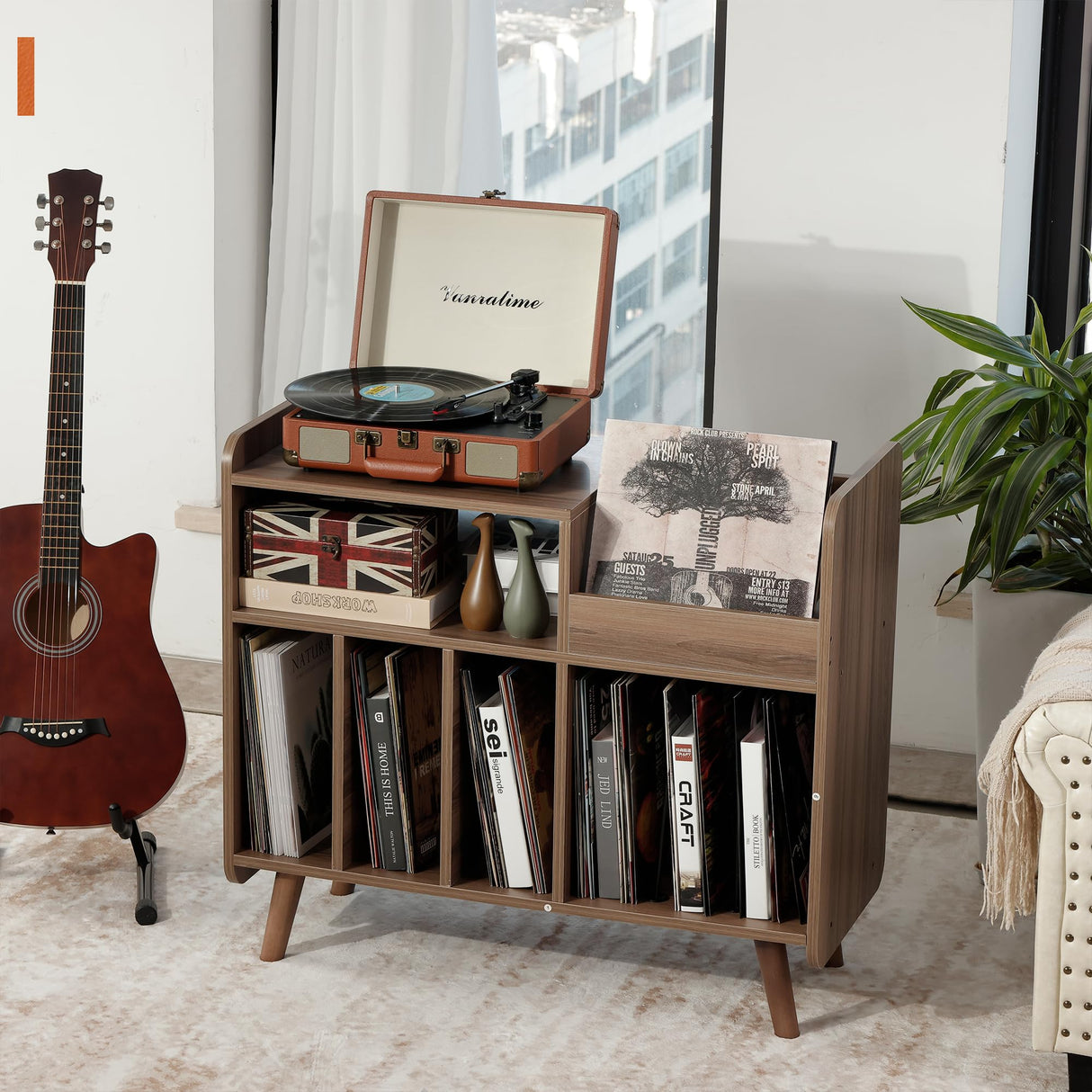 UODERS Record Player Stand, Large Record Player Table Cabinet with Open Vinyl Storage and Display Shelf Holds up to 350 Albums, Mid Century Wood Turntable for Living Room, Bedroom (Walnut) UODERS