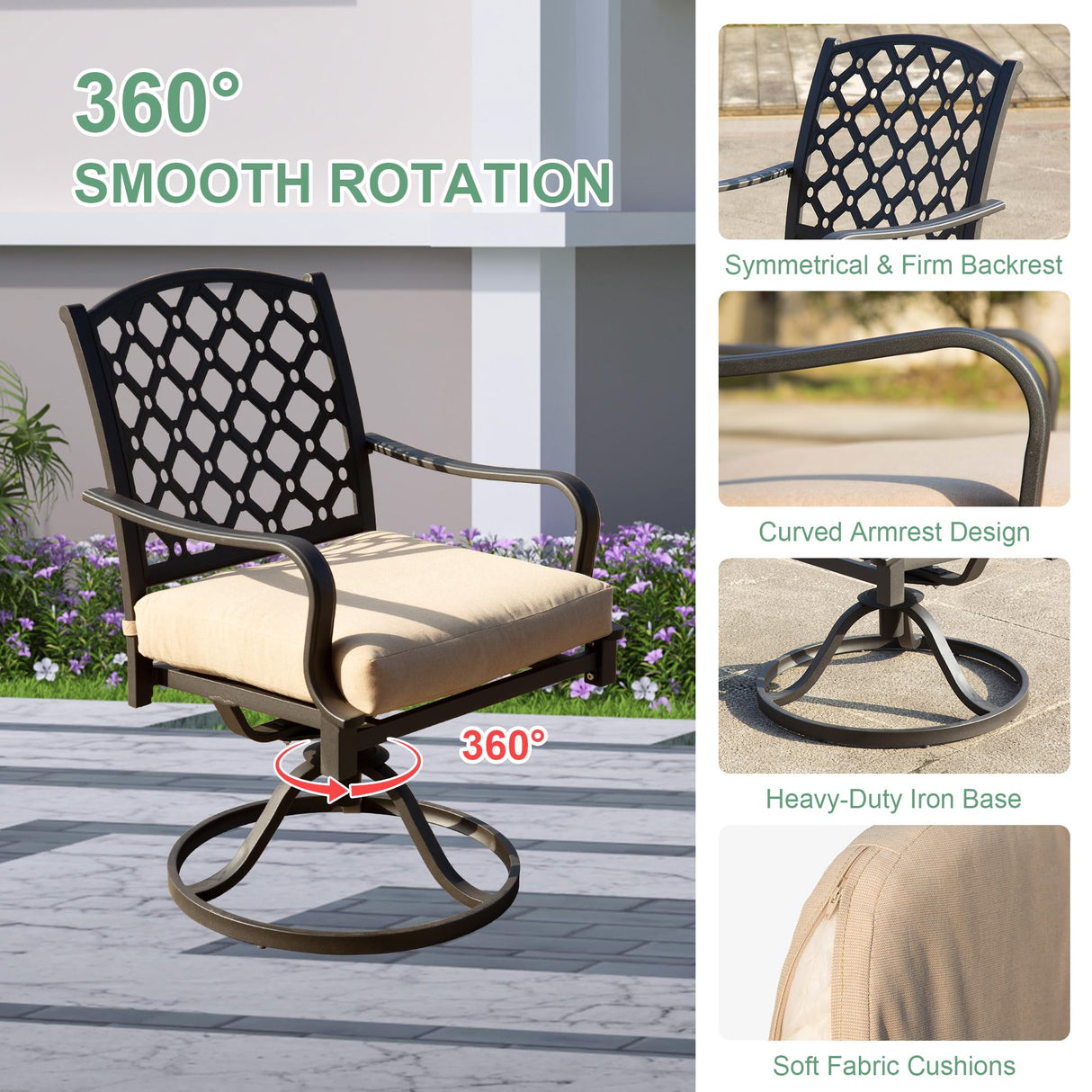 Domi Outdoor 7 pcs Patio Dining Set, Metal Dining Table, Swivel and Dining Chairs Conversation Set with Removable Beige Cushions for Garden Lawn Yard domi outdoor living