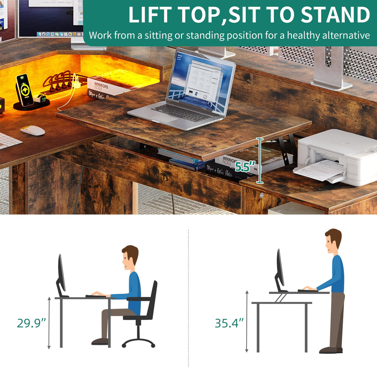 YITAHOME L Shaped Desk with Power Outlets & LED Lights, 60” Corner Computer Desk with Drawers & Lift Top, Home Office Desk with Monitor Stand & File Cabinet, Wood Height Adjustable Desk, Rustic Brown YITAHOME