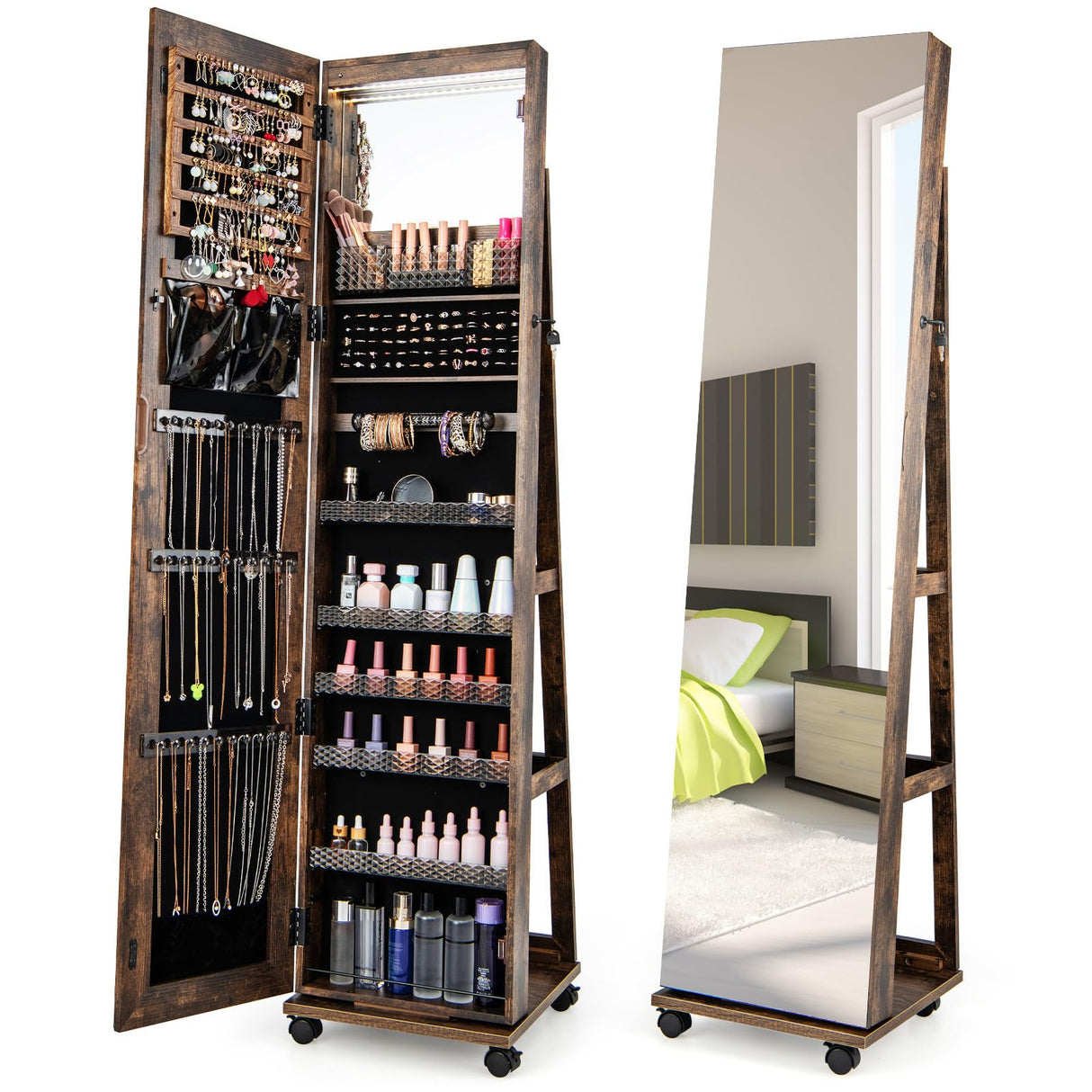 Byroce 360° Rotating Jewelry Armoire with Wheels, Lockable Jewelry Organizer W/ 3-Color LED Lights, Adjustable Shelves & Rear Storage, 64’’H Full Length Mirror Jewelry Cabinet Standing (Rustic Brown) Byroce