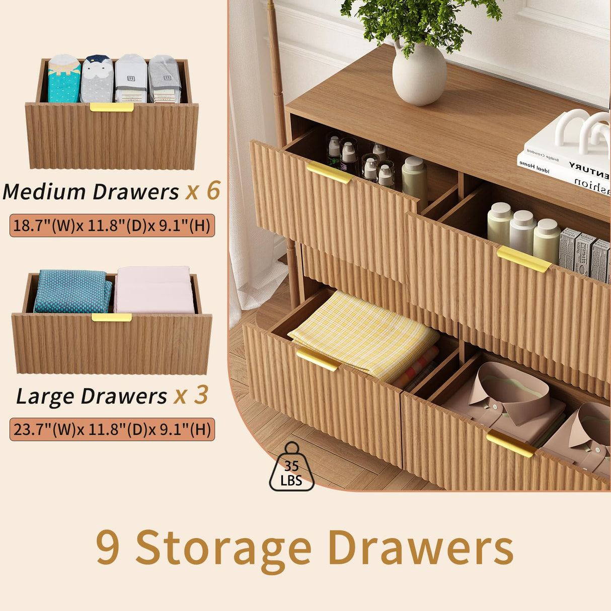 Sscaktu 9 Drawer Dresser for Bedroom with Deep Drawers, 63" Wide Wood Dresser, Large Floor Chest of Drawers, Modern Long TV Stand, Mid Century Storage Cabinet Side Table, Natural Sscaktu