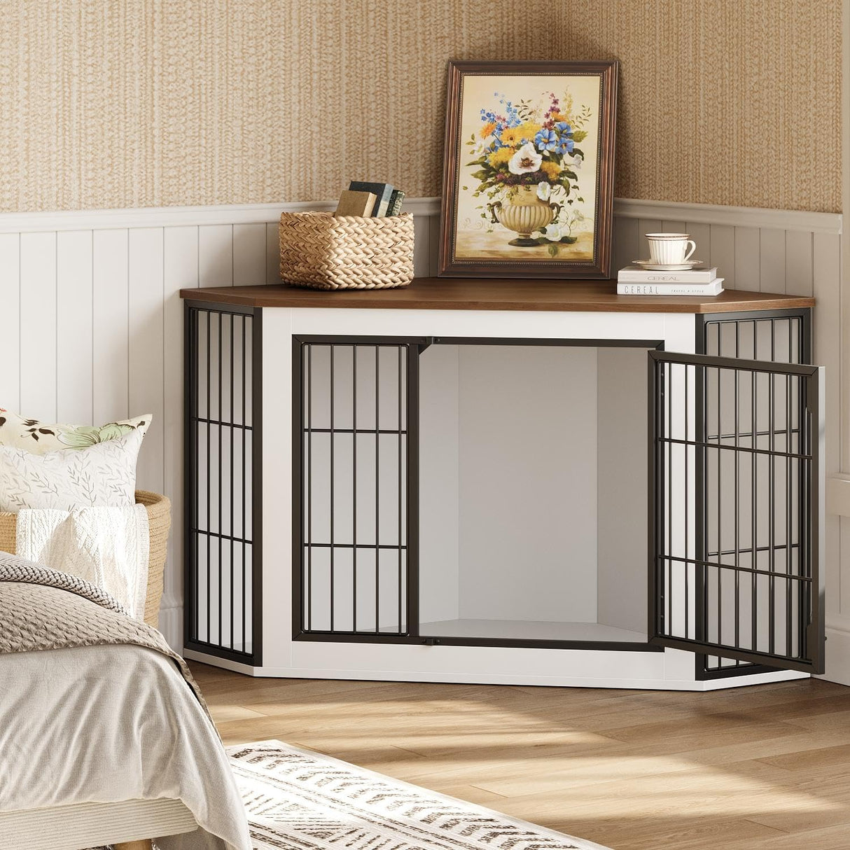 HOOBRO Corner Dog Crate Furniture, Decorative Dog Kennel End Table, Farmhouse Dog Crate TV Stand for Small and Medium Dogs, Walnut, White and Black BWH90GW03 HOOBRO