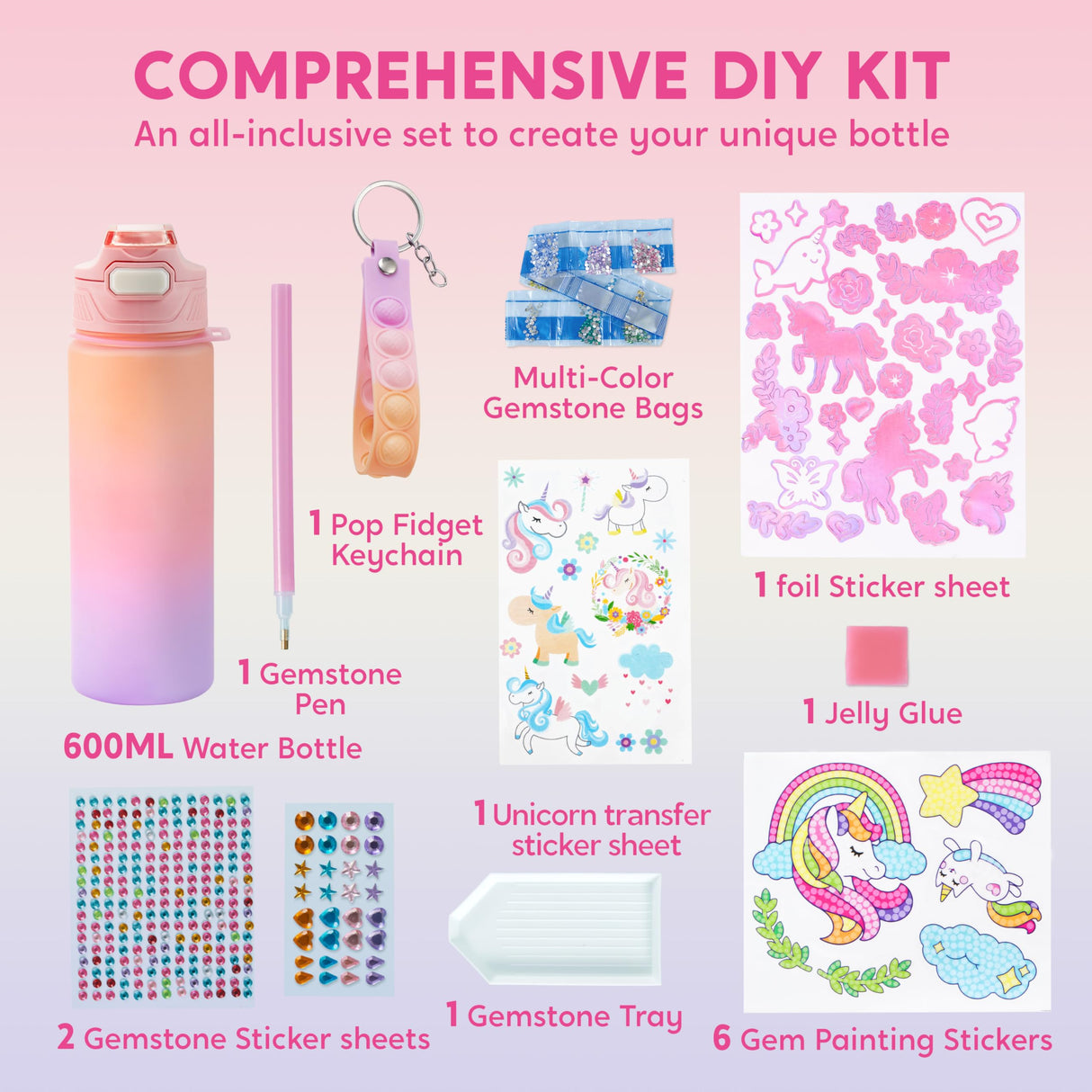 Klever Kits Decorate Your Own Water Bottle Kits for Girls Age 6+, Unicorn DIY Gem Diamond Painting Crafts, Girl Birthday Gift Arts and Crafts Fun Arts for Girls Birthday Christmas Klever Kits