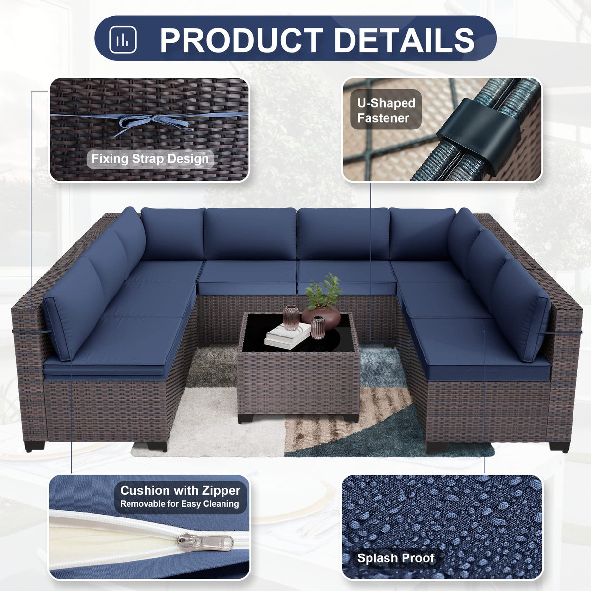 Kurapika 9 Pieces Patio Furniture Set, Rattan Wicker Outdoor Conversation Sets w/4 Inch Cushion and Glass Coffee Table(Navy Blue) Kurapika