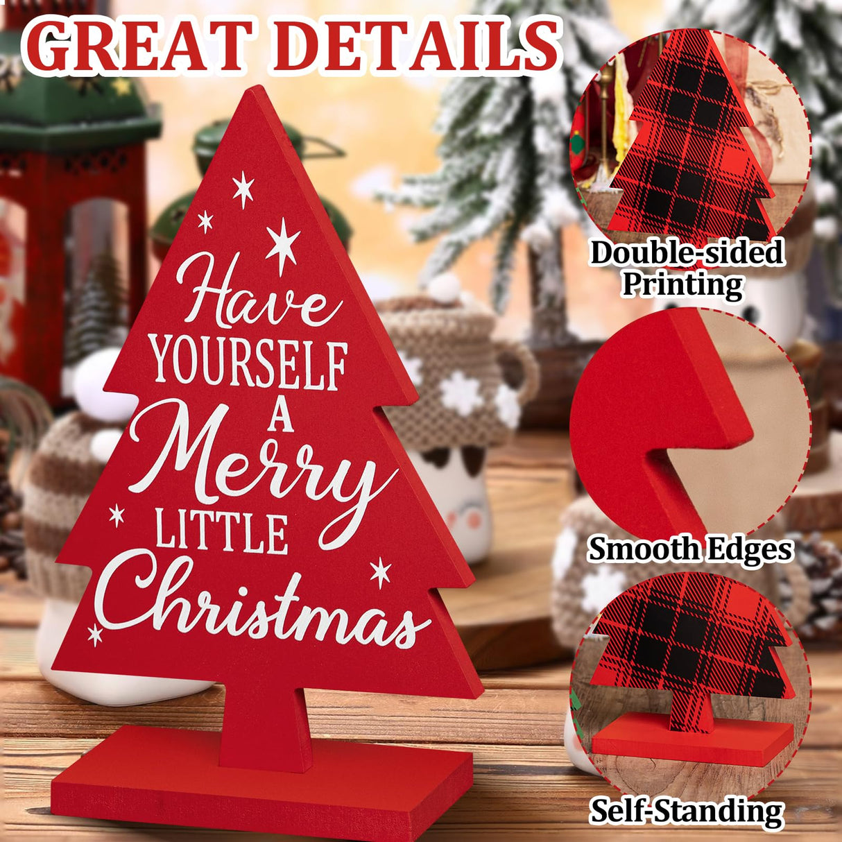 3 Pcs Wooden Christmas Trees Table Sign Decorations Different Patterns Double-sided Printing, Rustic Christmas Tree Farmhouse Tabletop Decor, Multiple Styles Sizes Xmas Christmas Tiered Tray Decor Sophena