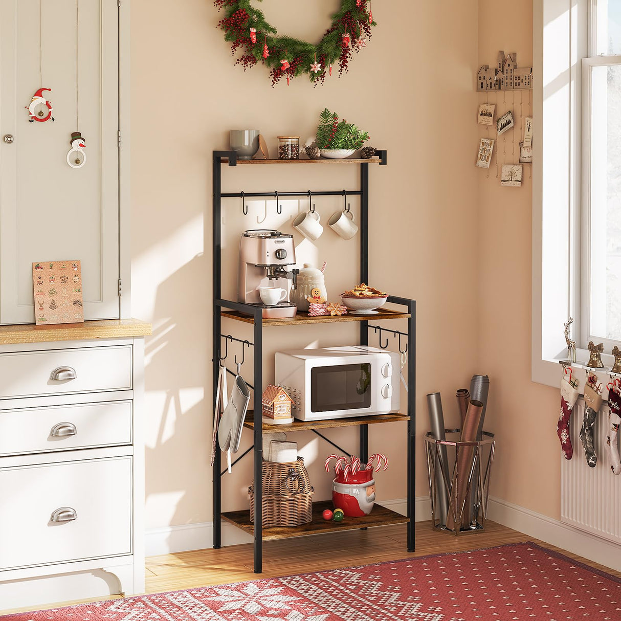 HOOBRO Rustic Brown 4-Tier Multifunctional Baker's Rack with Storage & Hooks for Kitchen and Living Spaces HOOBRO