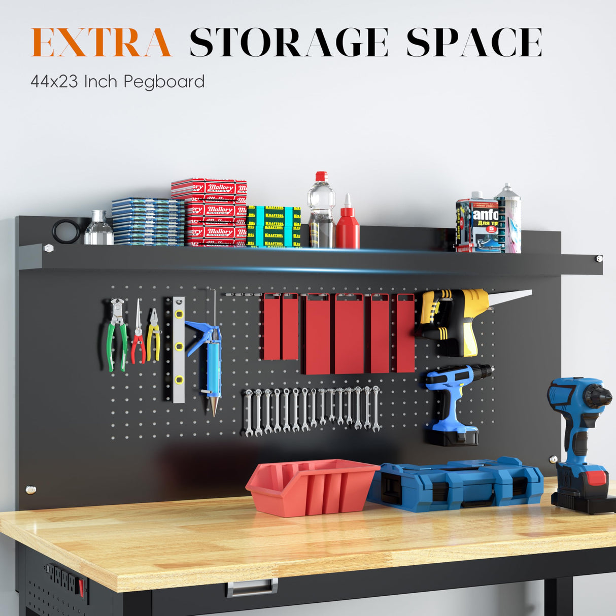 Betterhood 48" Heavy Duty Adjustable Workbench with Large Pegboard, Adjustable Work Table with Power Outlets & Lockable Wheels, Rubber Wood Workstation for Garage, Workshop, Office, Home, Commercial Betterhood