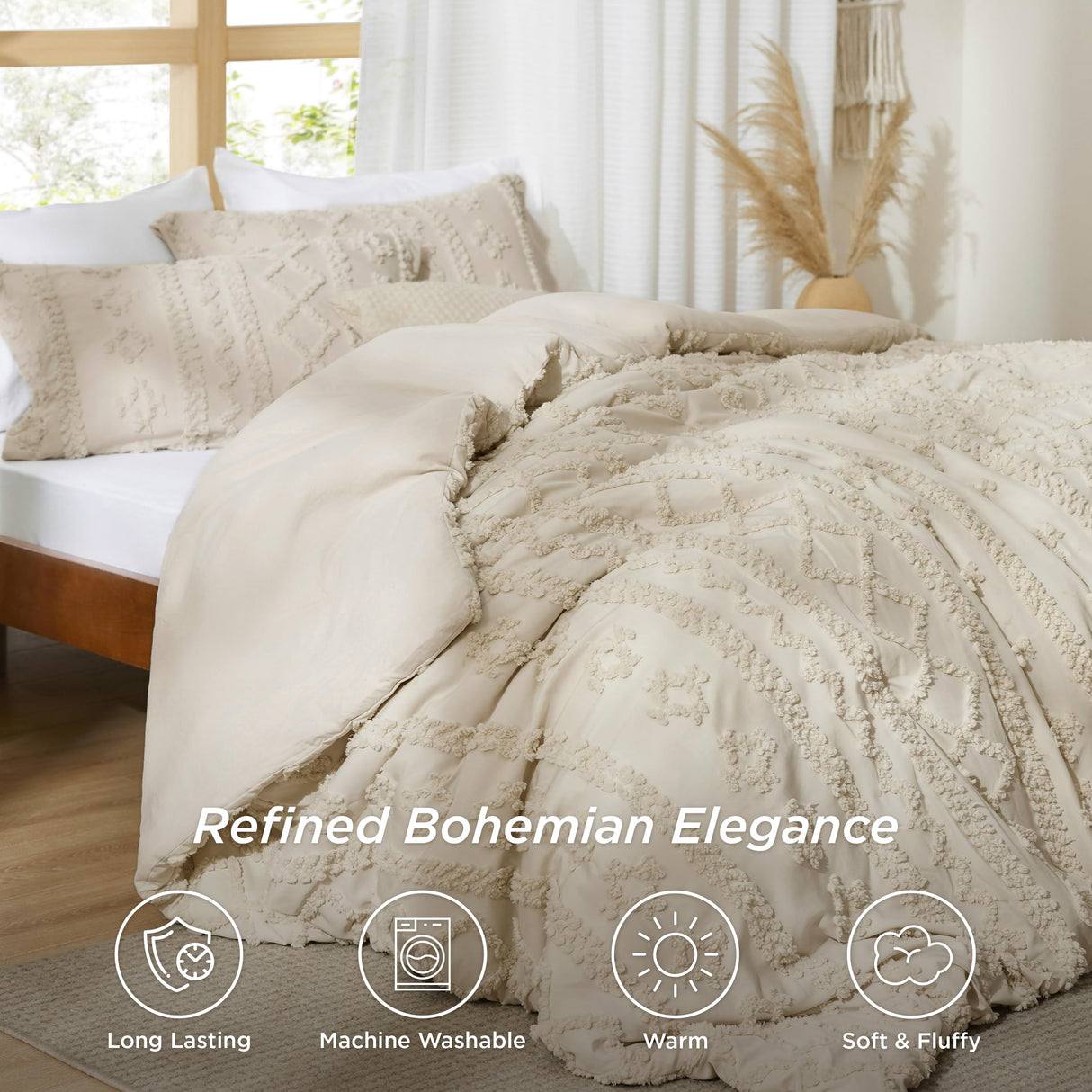 Bedsure Tufted Boho Comforter Set King Size - Beige Boho Bed Set, GentleSoft™ 3 Pieces Farmhouse Shabby Chic Embroidery Bedding, Gifts for Woman, Soft Jacquard King Comforter for All Seasons Bedsure