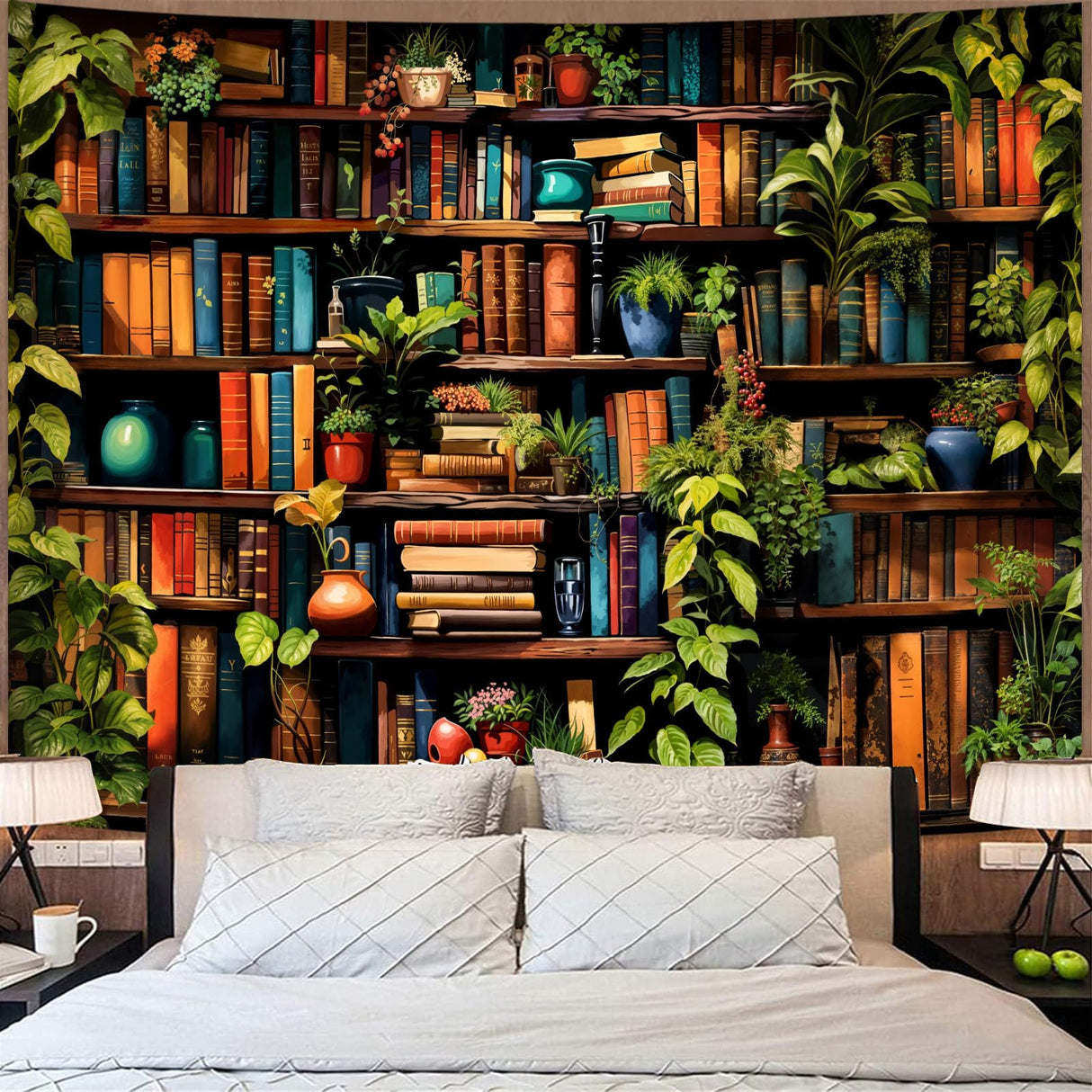 Accnicc Botanical Bookshelf Tapestry Lush Green Plant Book Shelf Tapestries Wall Hanging Art Vintage Retro Potted Plants Academics Library Book Tapestry for Bedroom Living Room Dorm 80 x 60 inch Accnicc