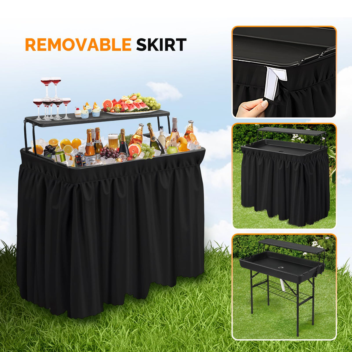 VINGLI Ice Table with Extra Storage Shelf, Portasble Cooler Side Table with Removable Skirt, Patio Table, Indoor & Outdoor Bar for Events, Parties and Camping VINGLI