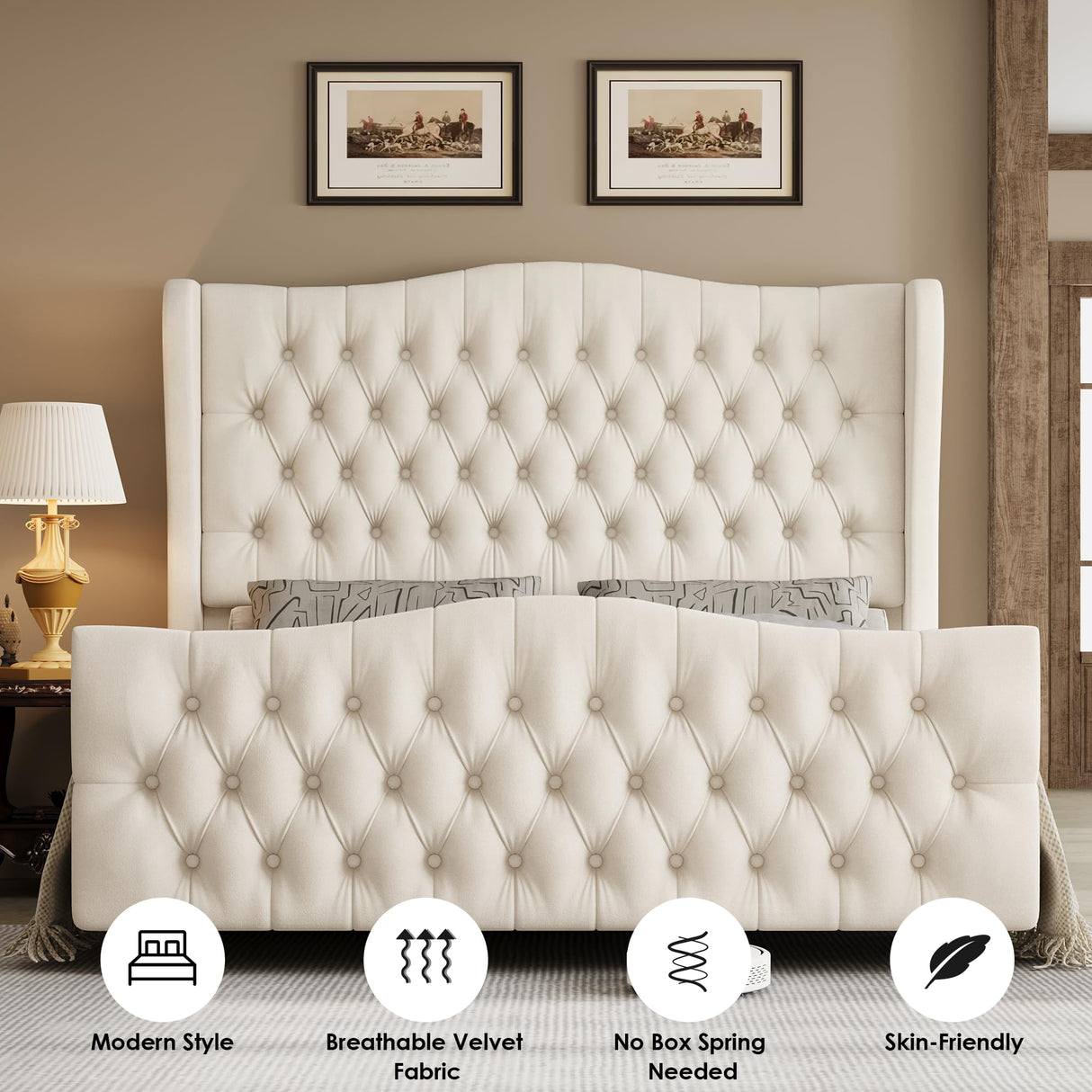 Keyluv Full Size 54.3” Tall Platform Bed Frame with Deep Button Tufted Wingback Headboard and Footboard, Velvet Upholstered Bed Frame with Handmade Pleats, No Box Spring Needed, Beige/Cream Keyluv