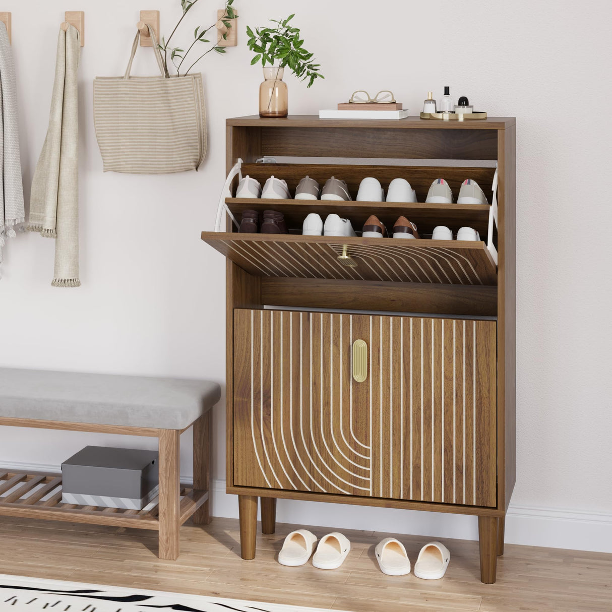 Smuxee Shoe Cabinet with 2 Flip Drawers, 23.6" Walnut Hidden Shoe Storage Cabinet with Line Groove Design, Freestanding Shoe Organizer Cabinet for Entryway, Hallway, Living Room Smuxee