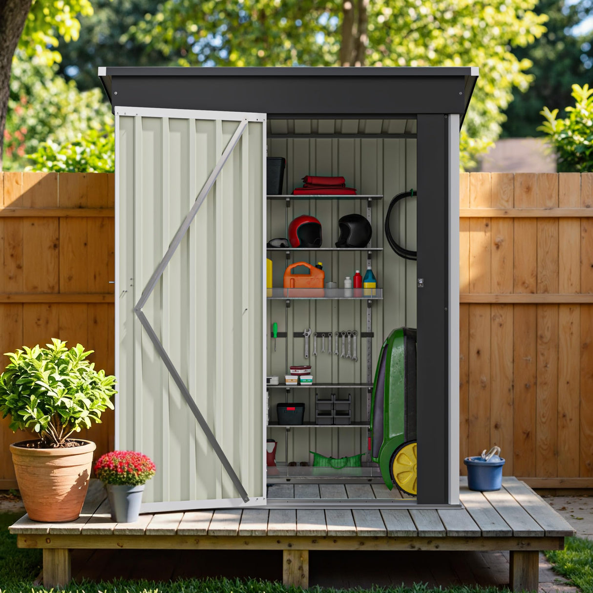 Greesum 5×3 FT Outdoor Storage Shed, Metal Storaged Sheds Without Floor, Tool Sheds with Lockable Doors and Sloping Roof for Garden, Patio, Backyard, White Greesum