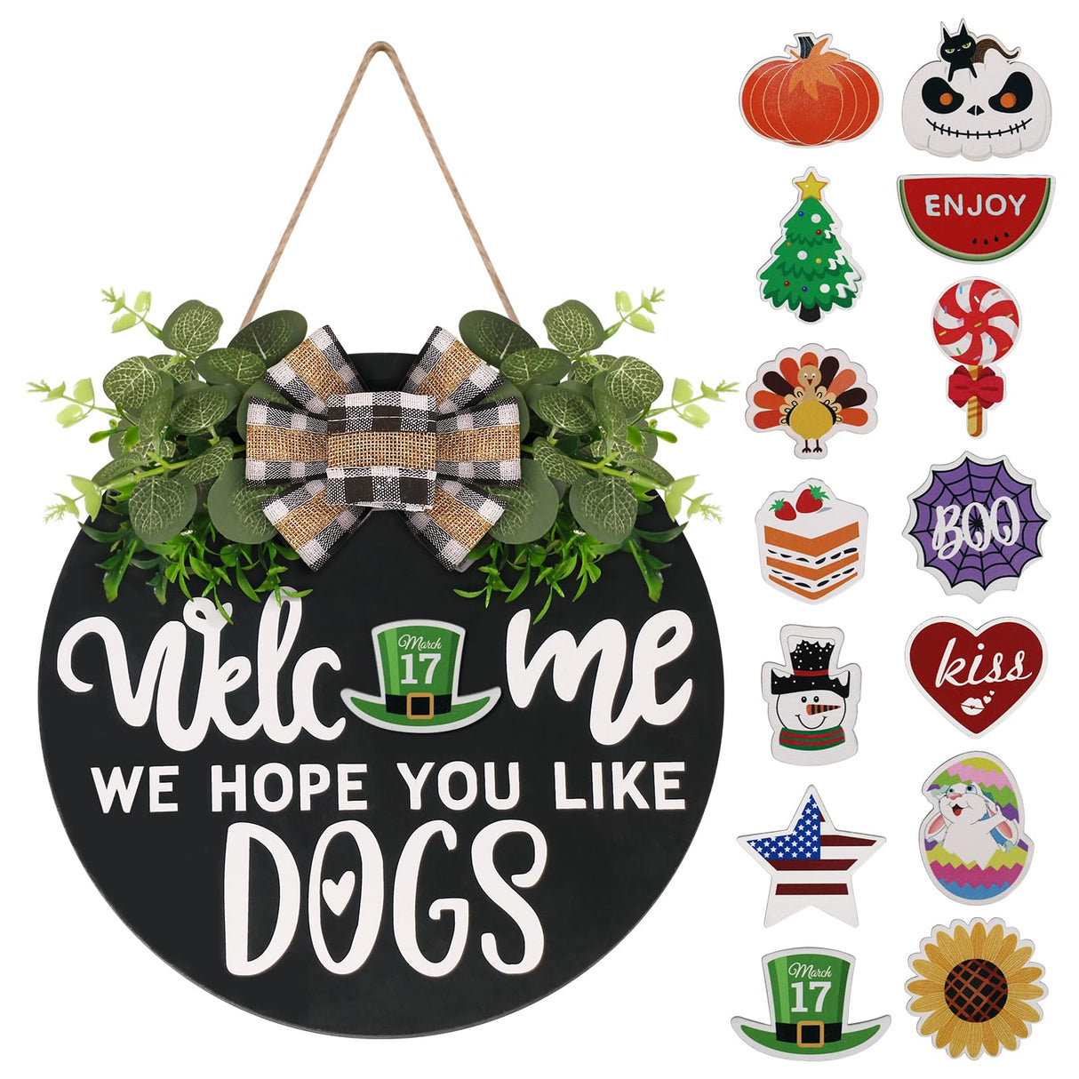 Interchangeable Wooden Seasonal Welcome Sign, Rustic Round Dogs Sign Front Door Wreaths for Home/Wall/Porch Decor, for Easter Spring Summer Fall Halloween Christmas All Season Decorations RoseCraft