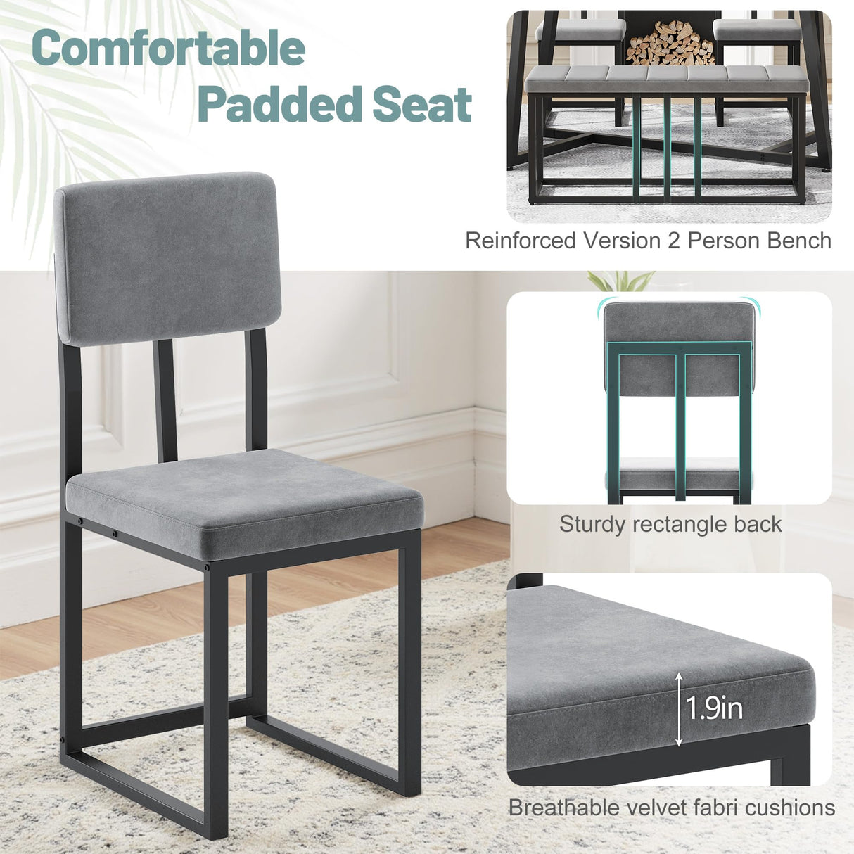 HUGROVE 6-Piece Dining Table Set, 51.18'' Faux Marble Rectangular Table with 4 Velvet Upholstered Dining Chairs and Bench, Modern Kitchen & Dining Room Furniture for Family Gathering (Dark Gray) HUGROVE