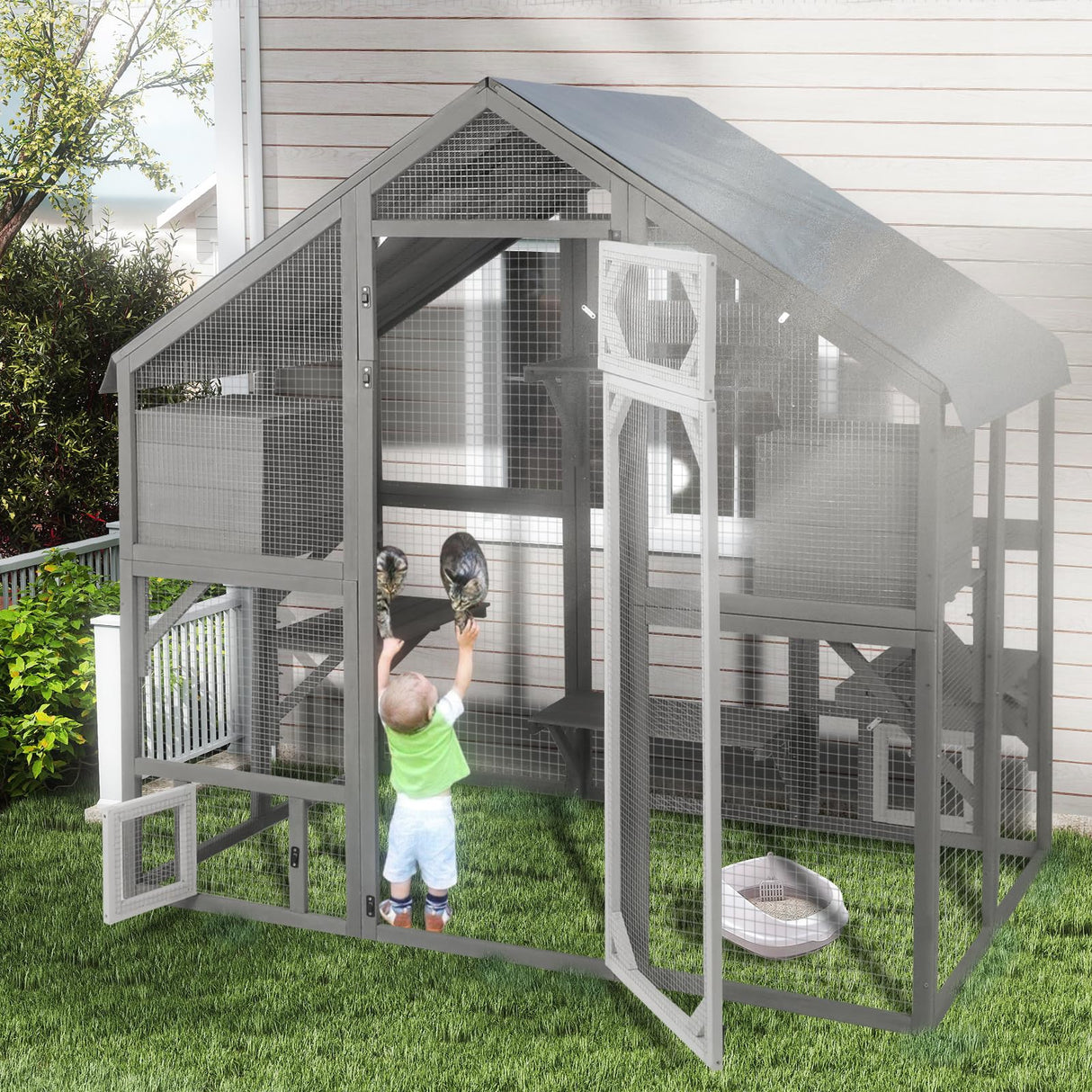 Gowoodhut 69.9"L Catio Outdoor Cat Enclosure for Multiple Cats,Wooden Walk In Cats Shelter Kitty Enclosure with 2 Resting Boxes,6 Platform,2 Middle Platform,Kitty Kennel with Weatherproof Cover(GREY) Gowoodhut