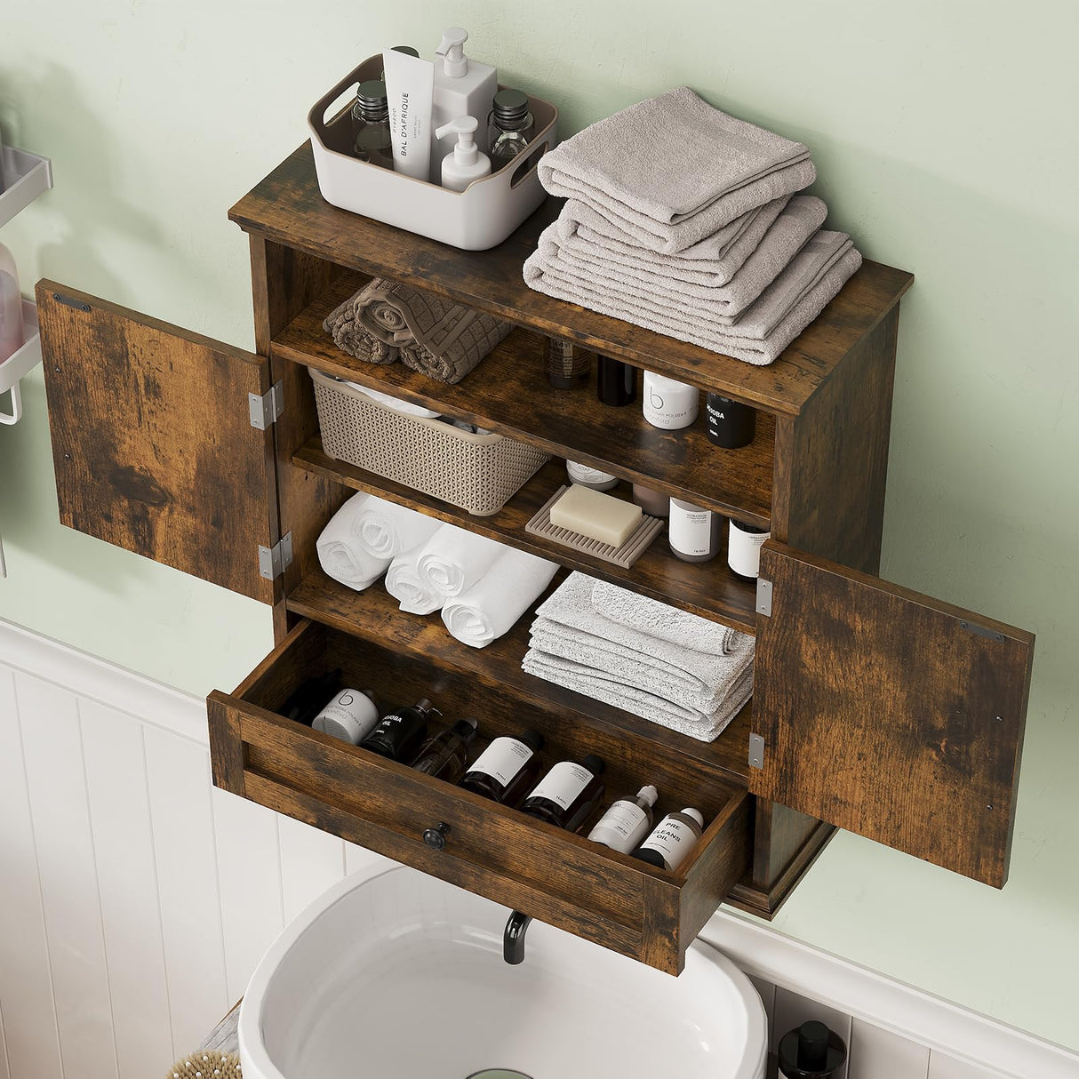 Bathroom Wall Cabinet, Wall Mounted Medicine Cabinet with Drawer, Barn Door & Adjustable Shelf, 24.4"H x 23.6"W x 9"D Rustic Brown Over Toilet Farmhouse Storage Cabinet for Kitchen, Laundry, Entryway Viroformo