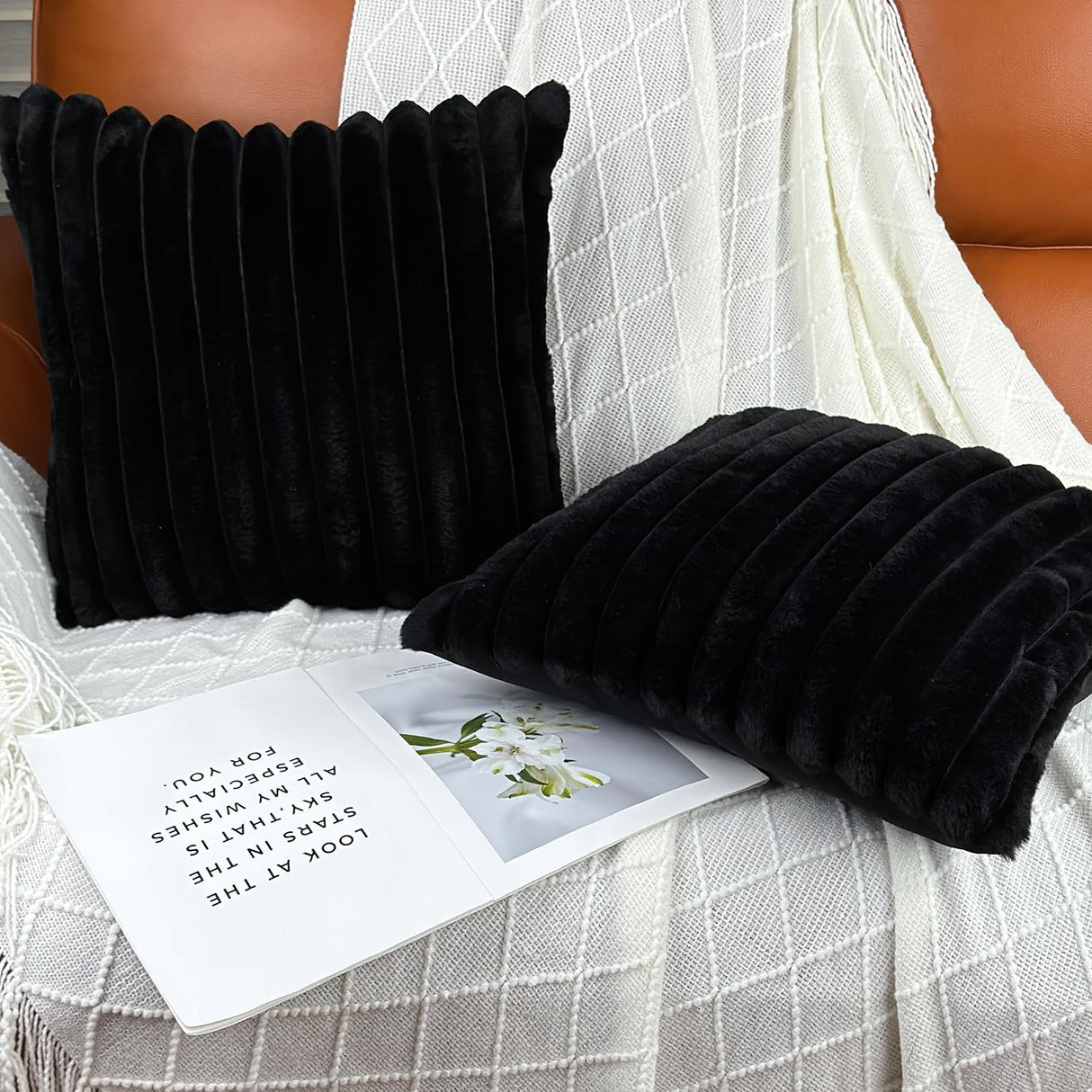 18x18 Throw Pillow Covers Set of 2, Decorative Faux Fur Covers for Bed, Couch Soft Fluffy Pillow Cover with Velvet Back for Living Room, Neutral Home Décor Accent for Sofa - Black COTEY