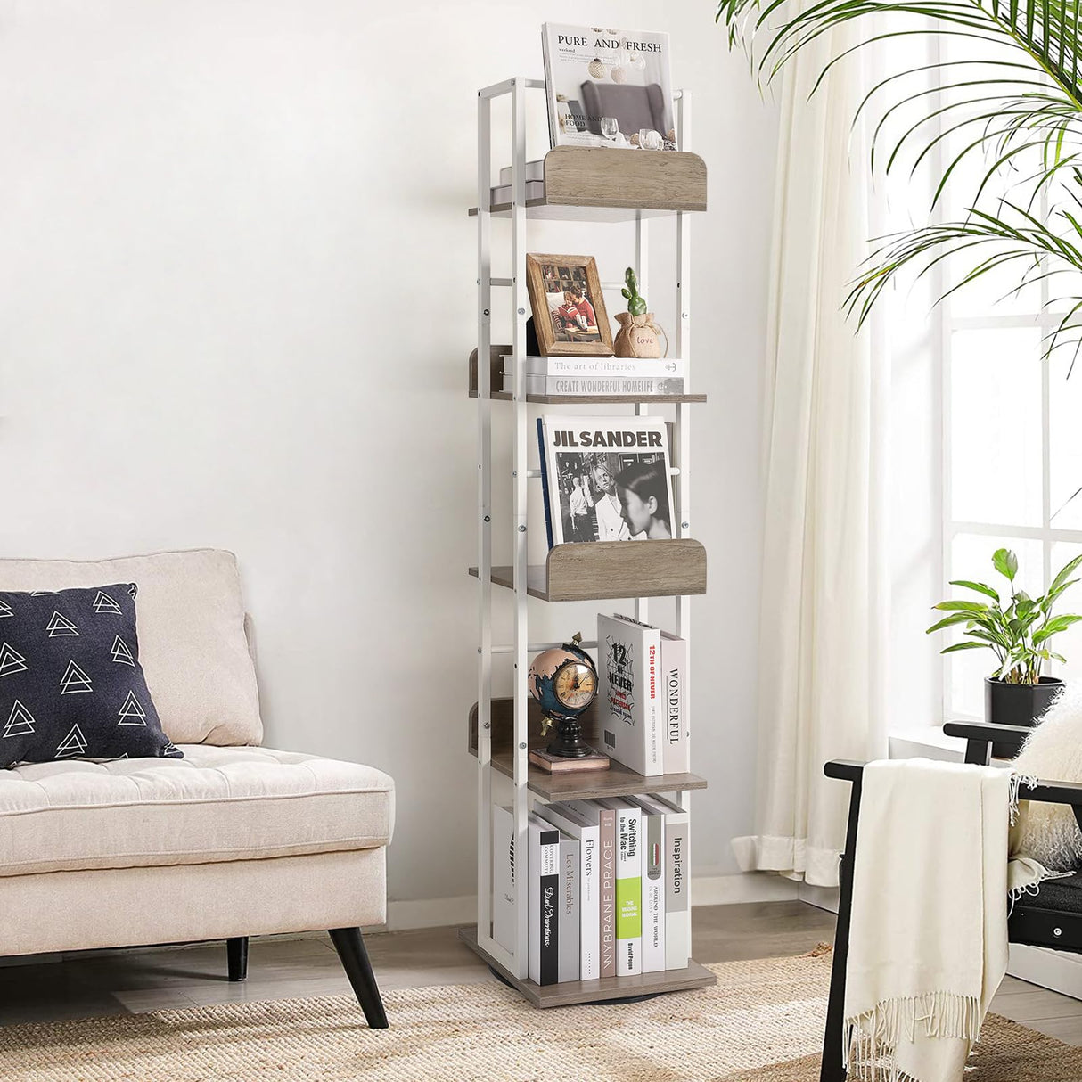 Bikoney 5-Tier Rotating Bookshelf Tower - Tall Industrial White Bookcase for Corners and Small Spaces Bikoney