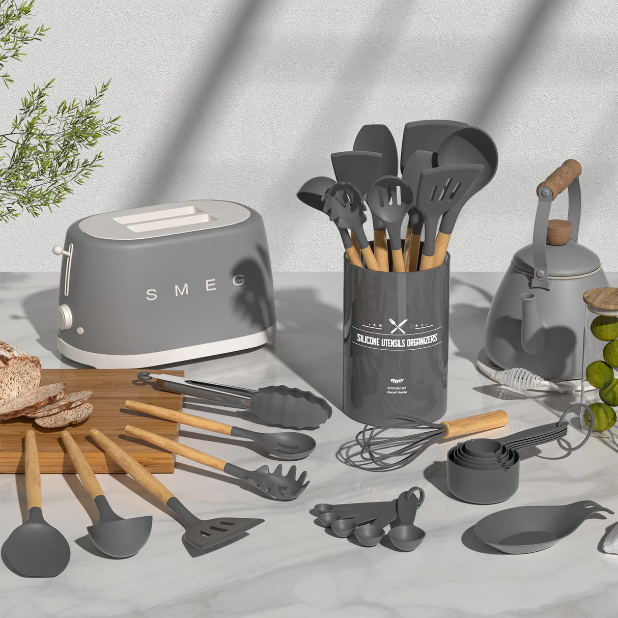 Umite Chef Kitchen Cooking Utensils Set, 33 pcs Non-stick Silicone Utensils Spatula Set with Holder, Wooden Handle Heat Resistant Silicone Kitchen Gadgets Utensil Set (Gray) Umite Chef