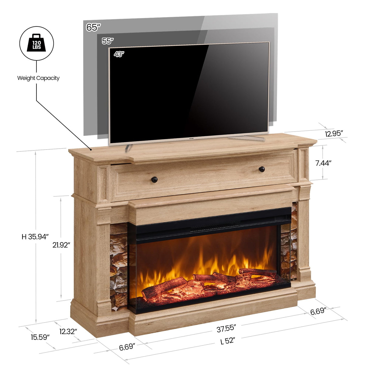 OKD 52" Electric Fireplace with Mantel, Freestanding Fireplace Heater TV Stand with 36" 3-Side Glass Insert for TVs Up to 65" with Storage Cabinet for Living Room, Natural Oak OKD