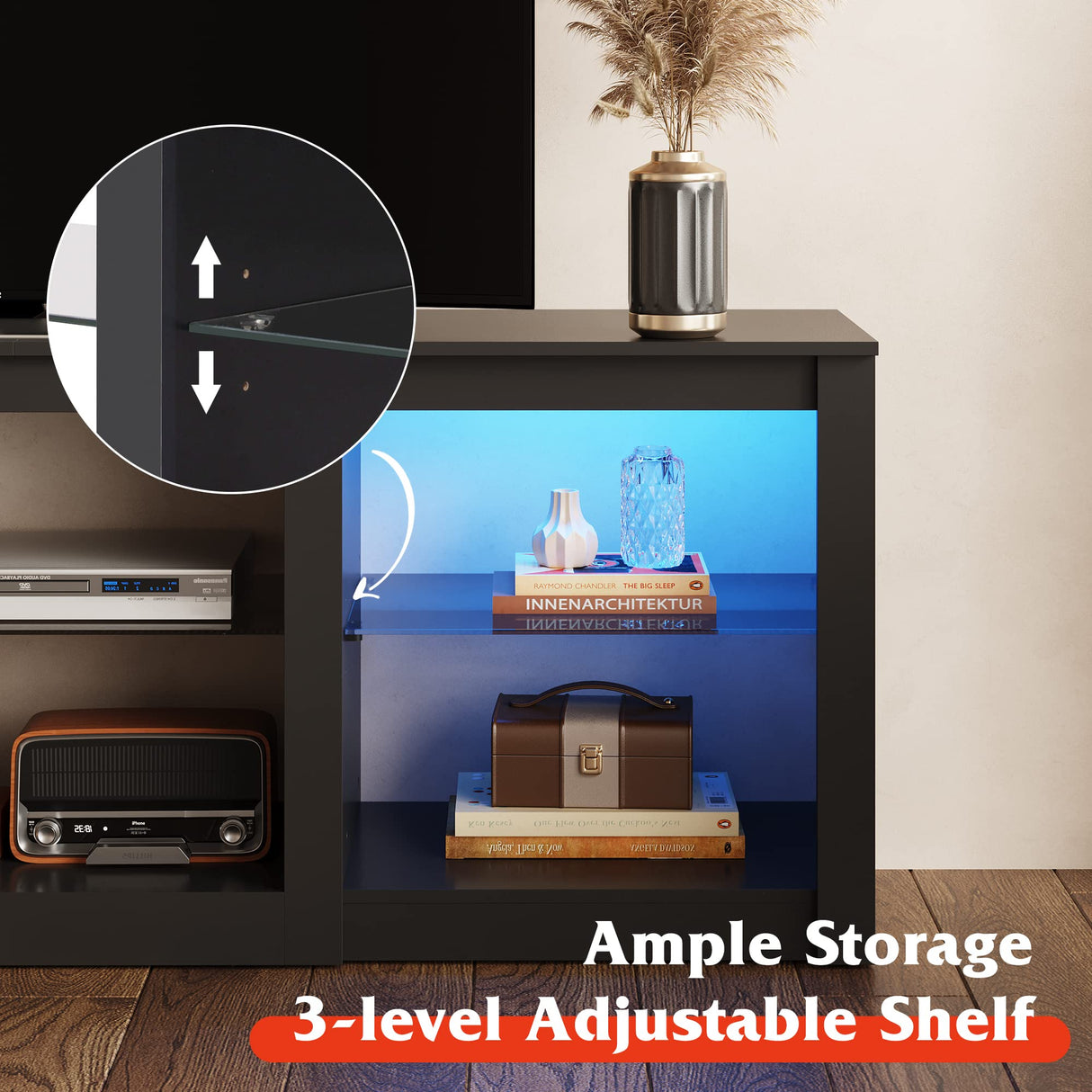 WLIVE TV Stand for 65 Inch TV, Entertainment Center with Adjustable Glass Shelves, LED TV Console, TV Stands for Living Room, Black WLIVE