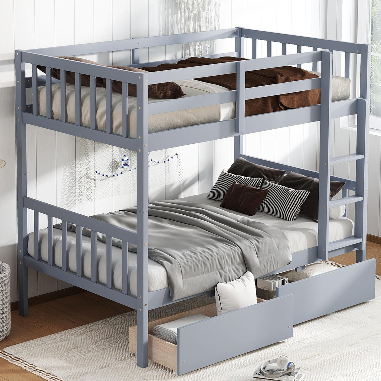 Twin Over Twin Bunk Bed with Storage Drawers, Solid Wood bunk Bed with Ladders and Raised Guardrails for Kids, Convertible into 2 Twin Beds, Bunk Bed Twin Over Twin, Grey Bellemave