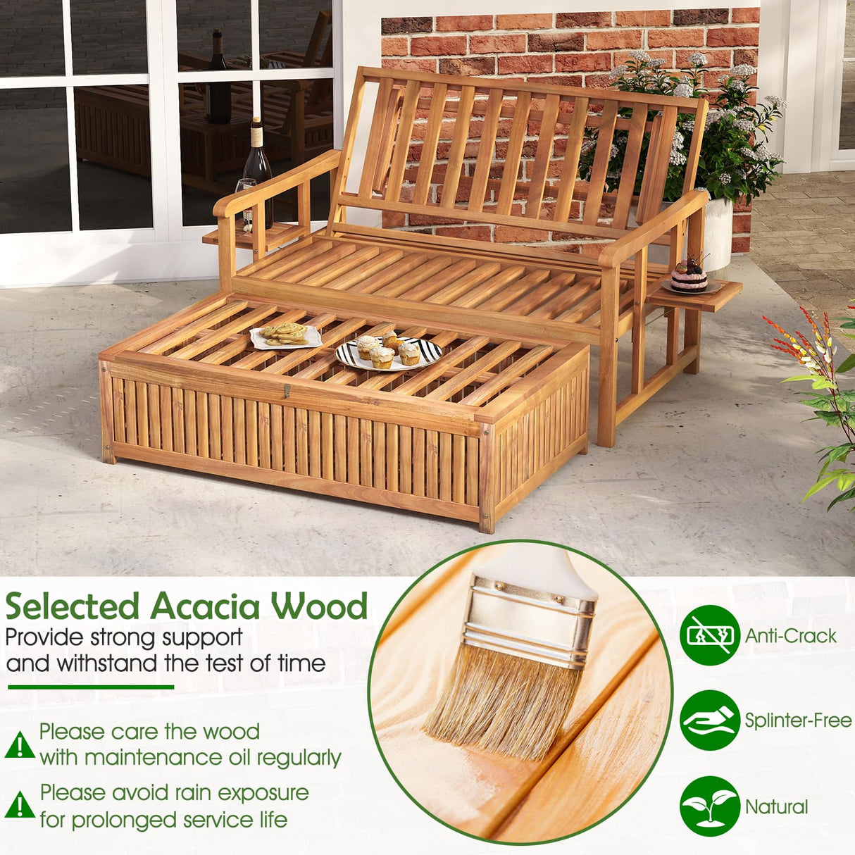 Tangkula Outdoor Acacia Wood Daybed with Storage Ottoman, Wood Patio Loveseat Sofa with 4-Level Backrest & Removable Cushions, 2 Folding Side Tables, Patio Recliner Lounger for Poolside, Backyard Tangkula
