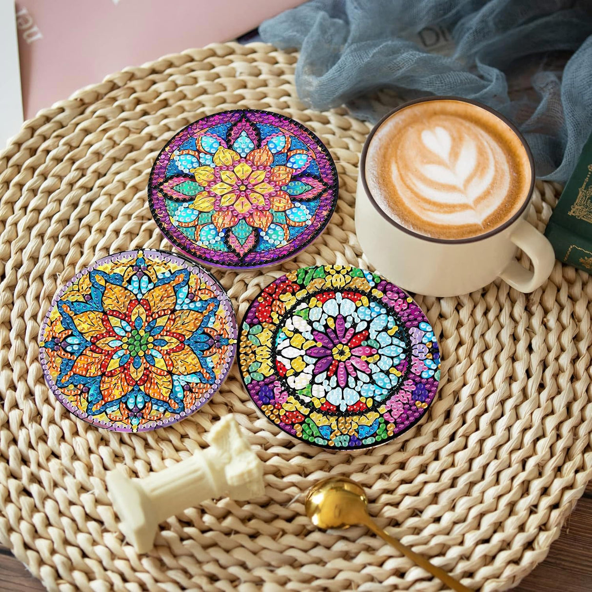 CAMOYAI 8 pcs Mandala Diamond Art Coasters Kits with Holder, Stained Glass Flowers Diamond Painting Coasters for Adults Beginners,Diamond Art Painting Kits for Gift CAMOYAI