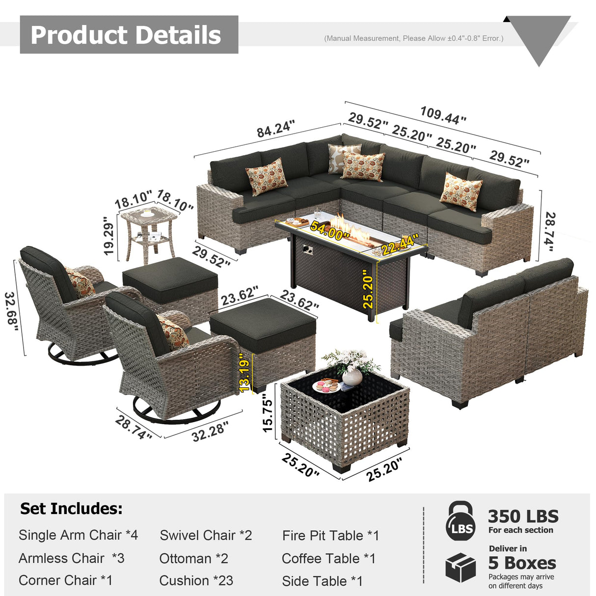 HOOOWOOO Outdoor Sectional Patio Furniture Set with Fire Pit Table,15 Pieces Wicker Conversation Sets L Shaped Couch,Extra Deep Out Door Sofa Outside Furniture with Swivel Chairs Ottomans,Black HOOOWOOO
